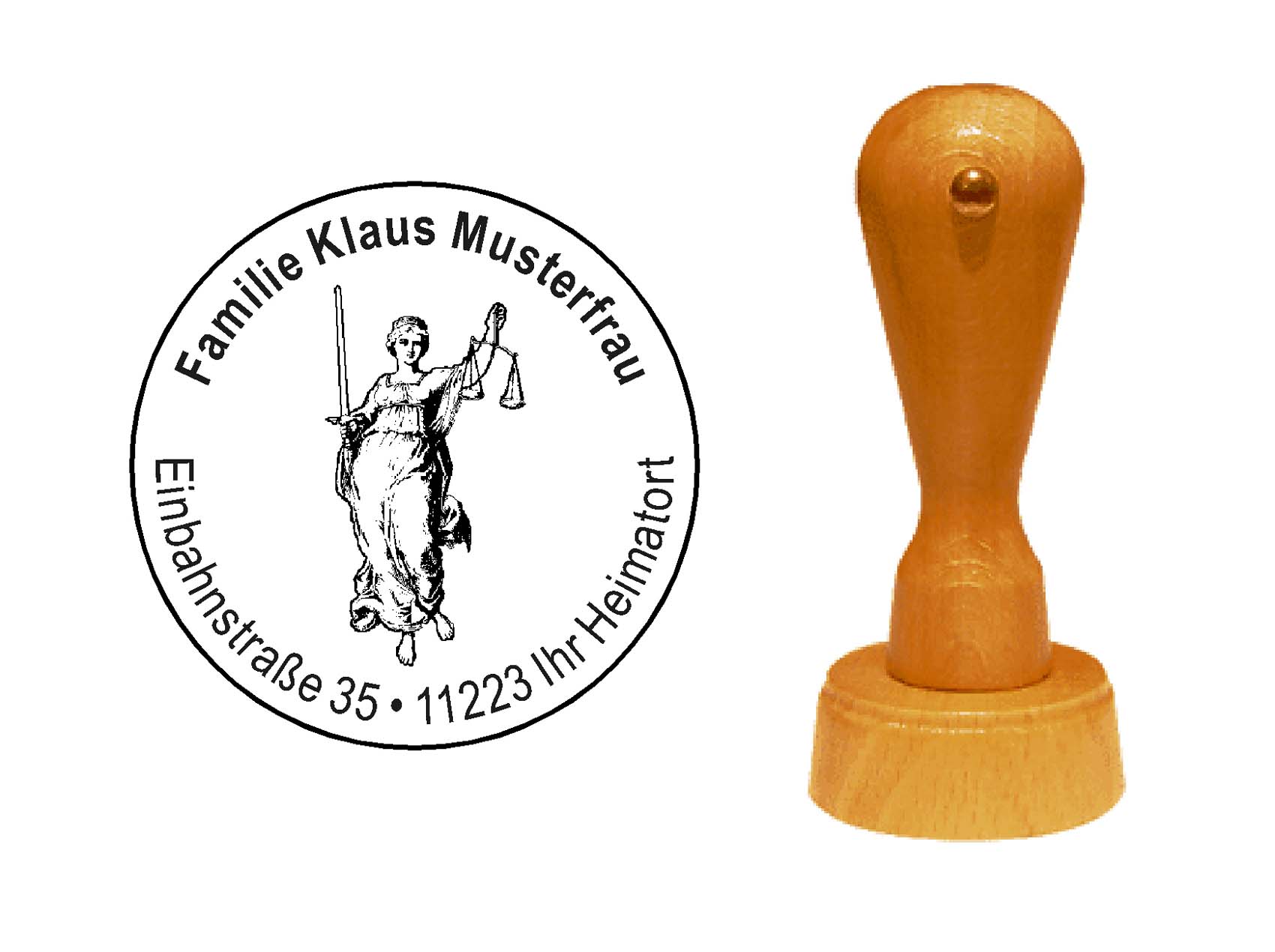 « Justitia 1 » Holzstempel mit persönlichem Wunschtext