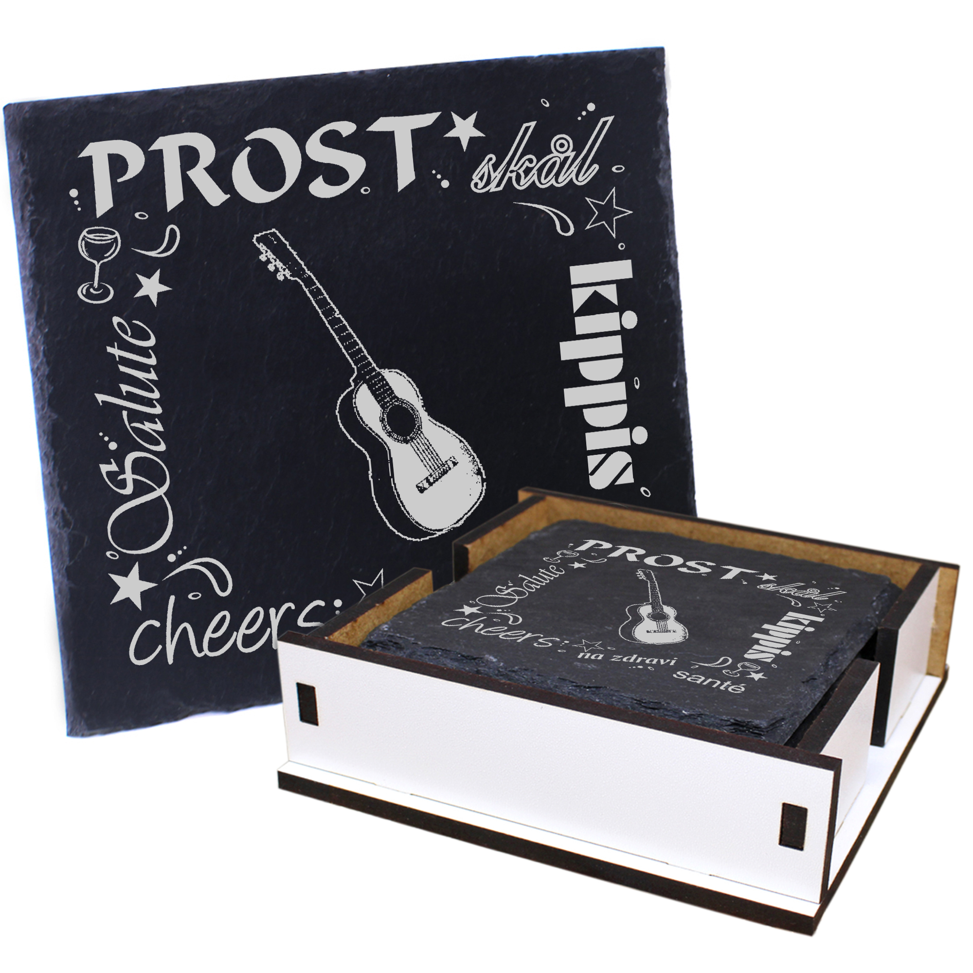 5 x Schiefer Untersetzer - Prost Konzertgitarre - inkl. Holzbox & Flaschenuntersetzer