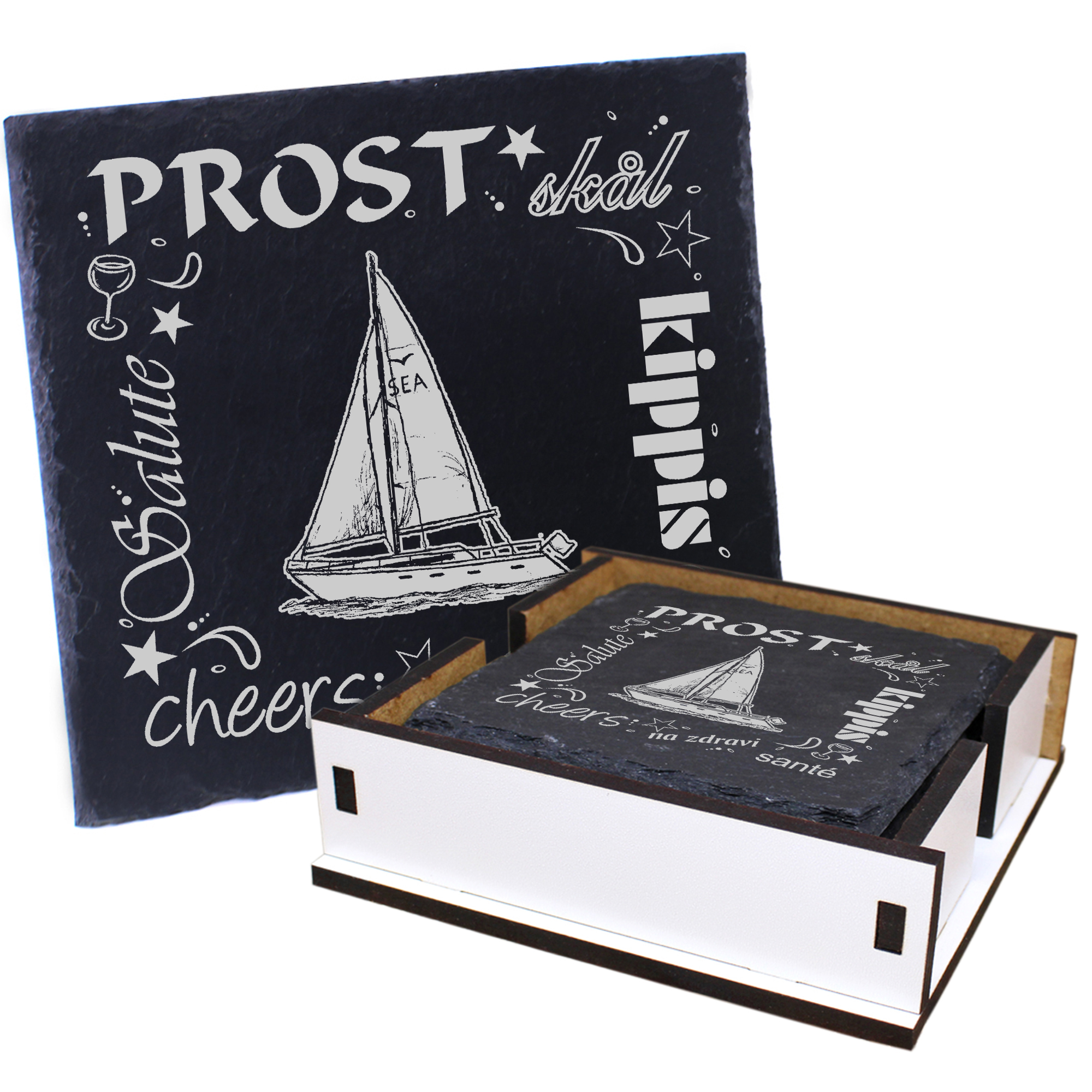 5 x Schiefer Untersetzer - Prost Segelboot - inkl. Holzbox & Flaschenuntersetzer