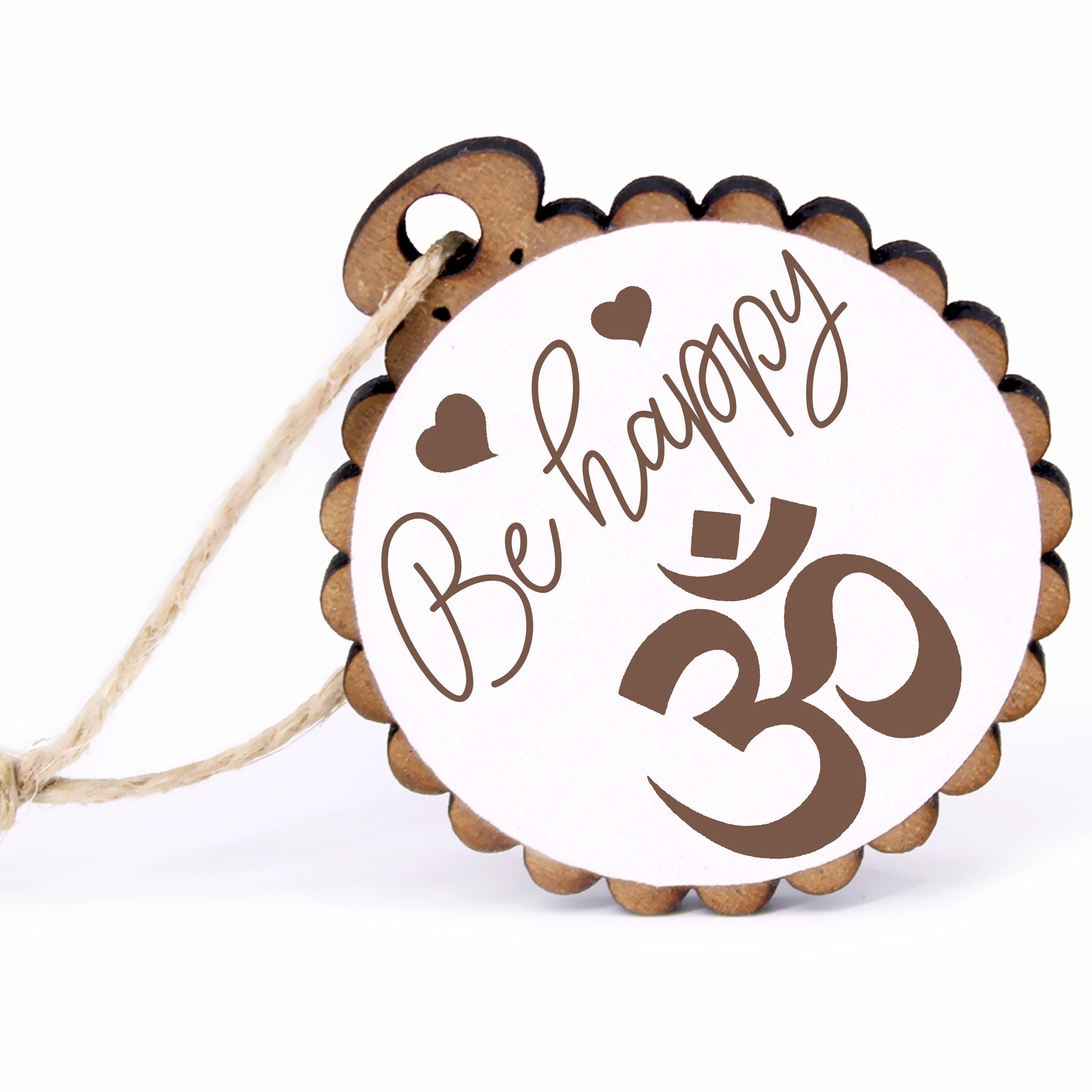 Geschenkanhänger - Be Happy Hinduismus -  Holz Ø-5cm - mit Juteband