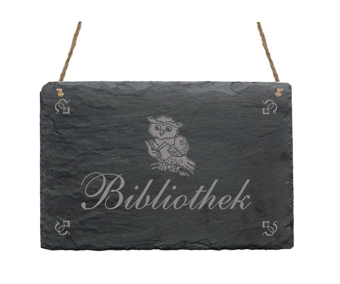 Schiefertafel « Bibliothek » Eule