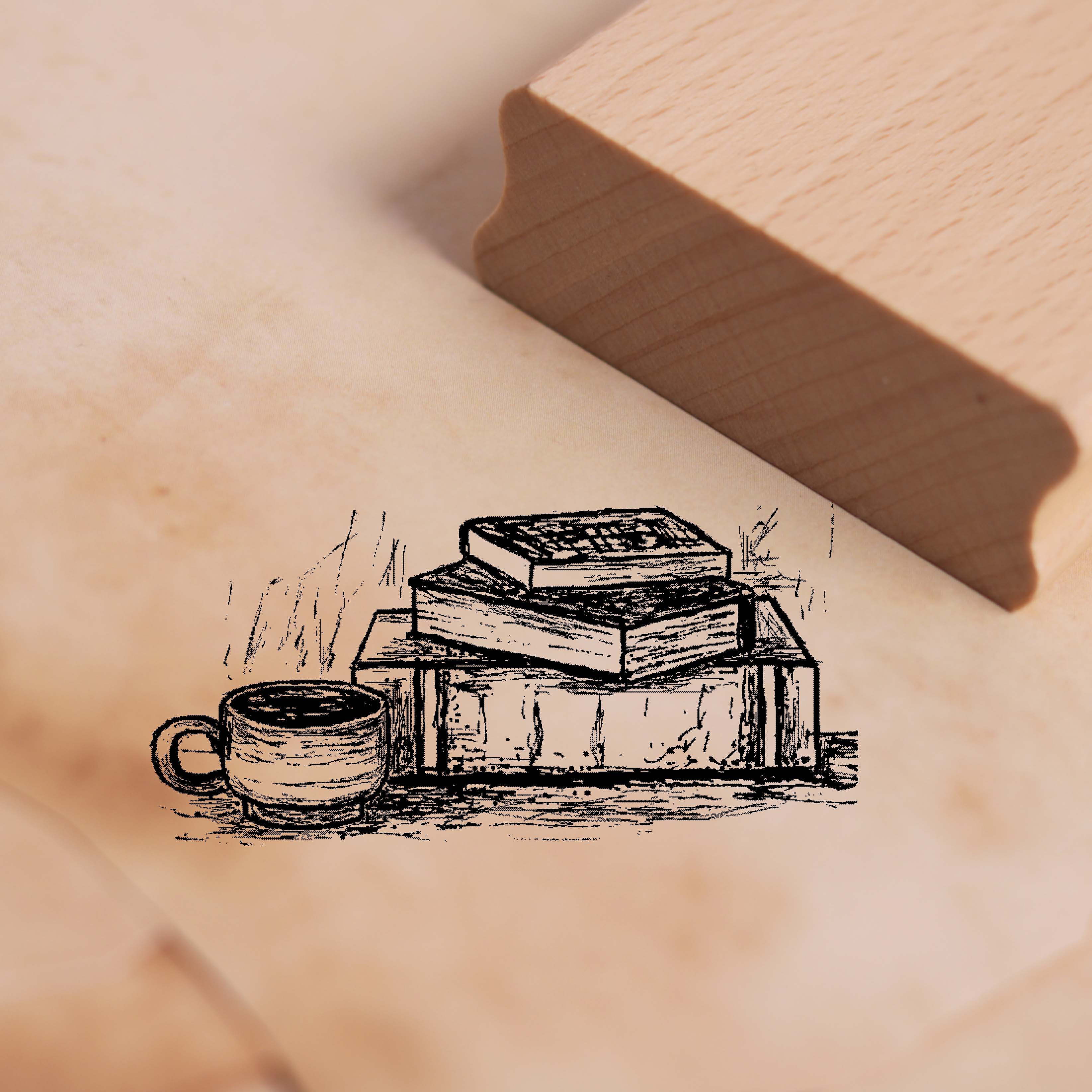 Motivstempel Bücher und Tasse - Stempel Holzstempel 58 x 28 mm
