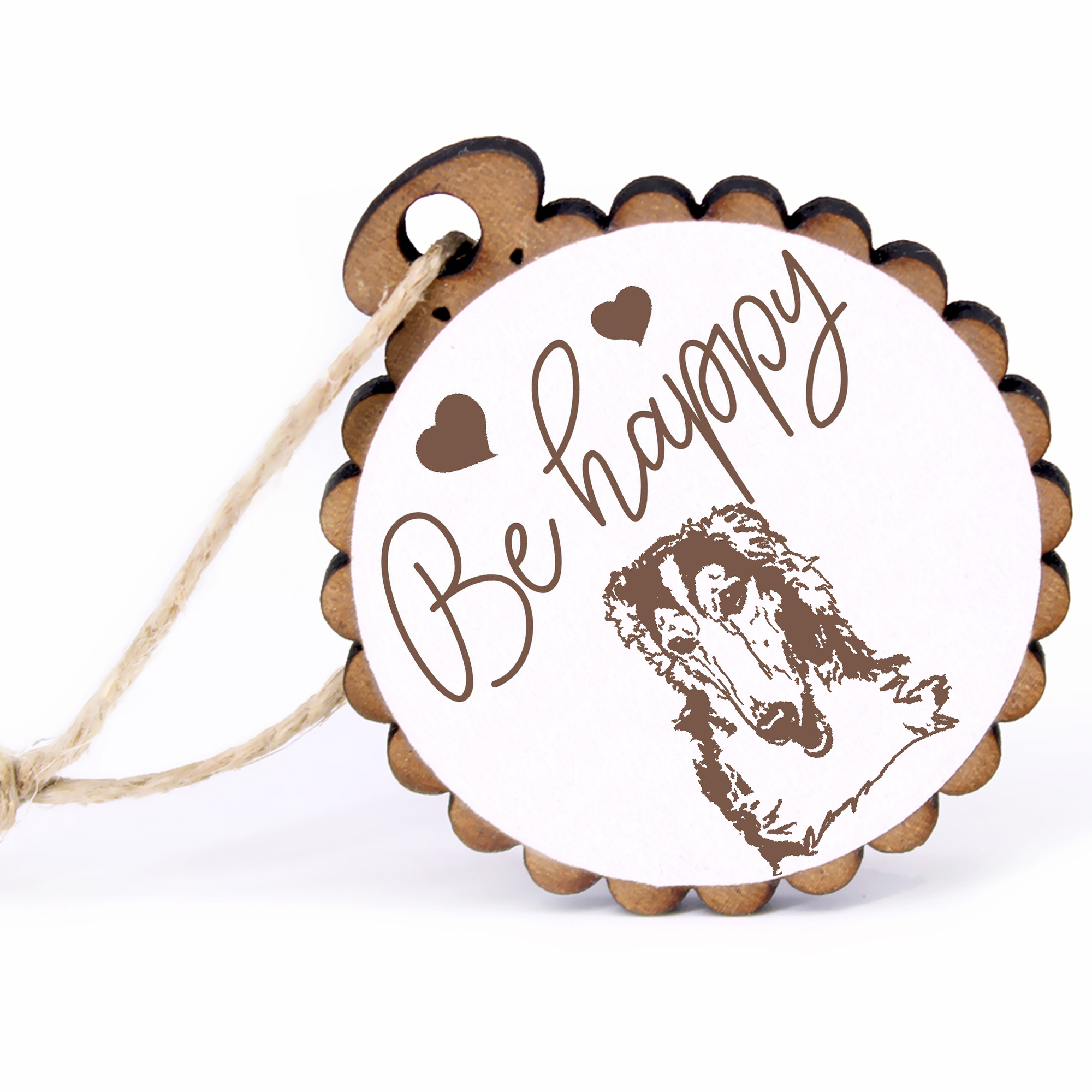 Geschenkanhänger - Be Happy Barsoi -  Holz Ø-5cm - mit Juteband