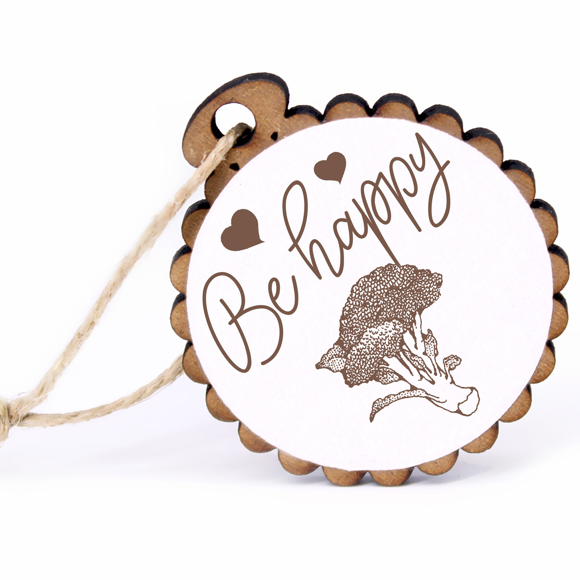 Geschenkanhänger - Be Happy Brocolli -  Holz Ø-5cm - mit Juteband