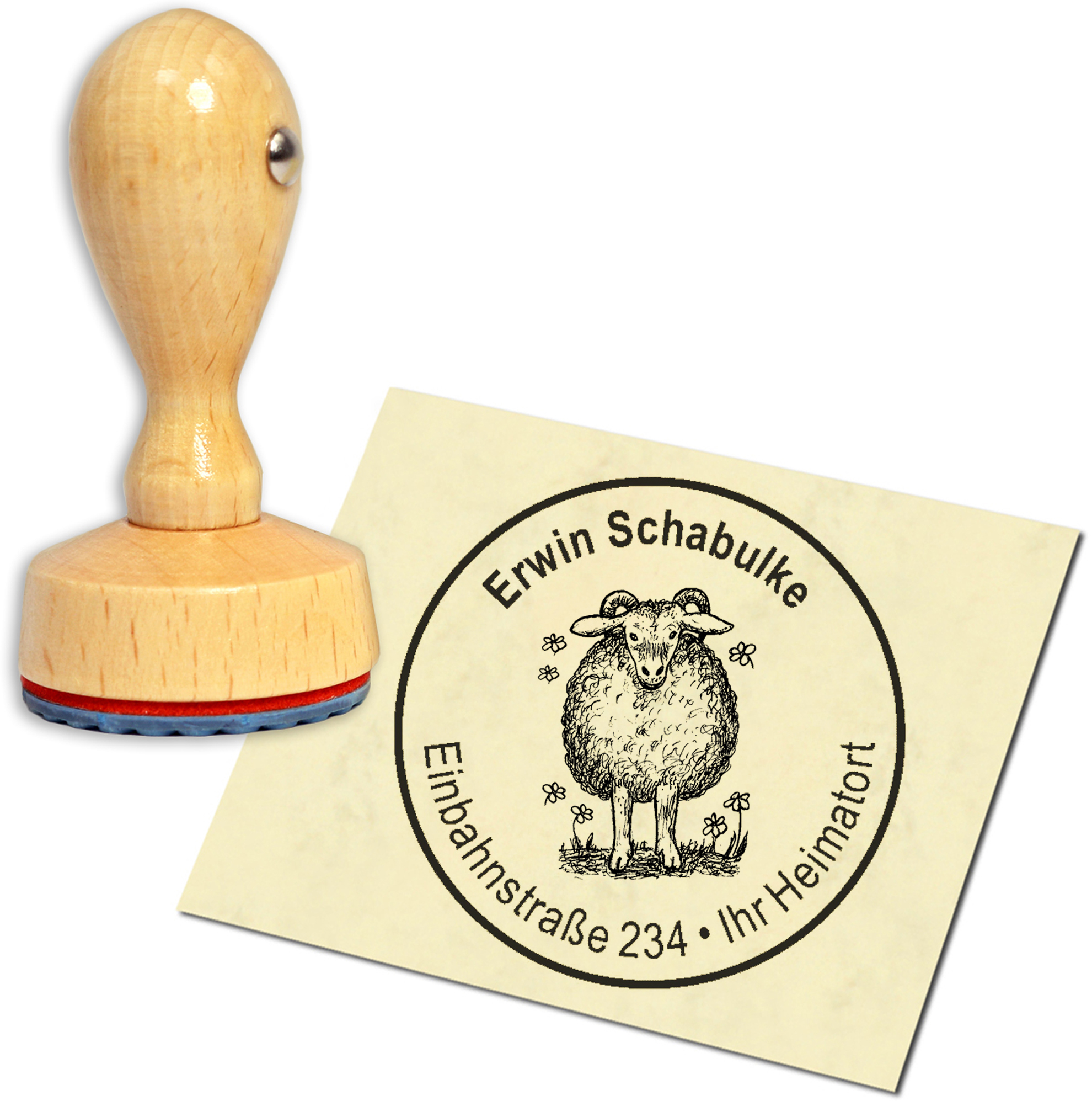 Stempel Adressstempel Holzstempel - Schaf mit Blume - rund 40mm
