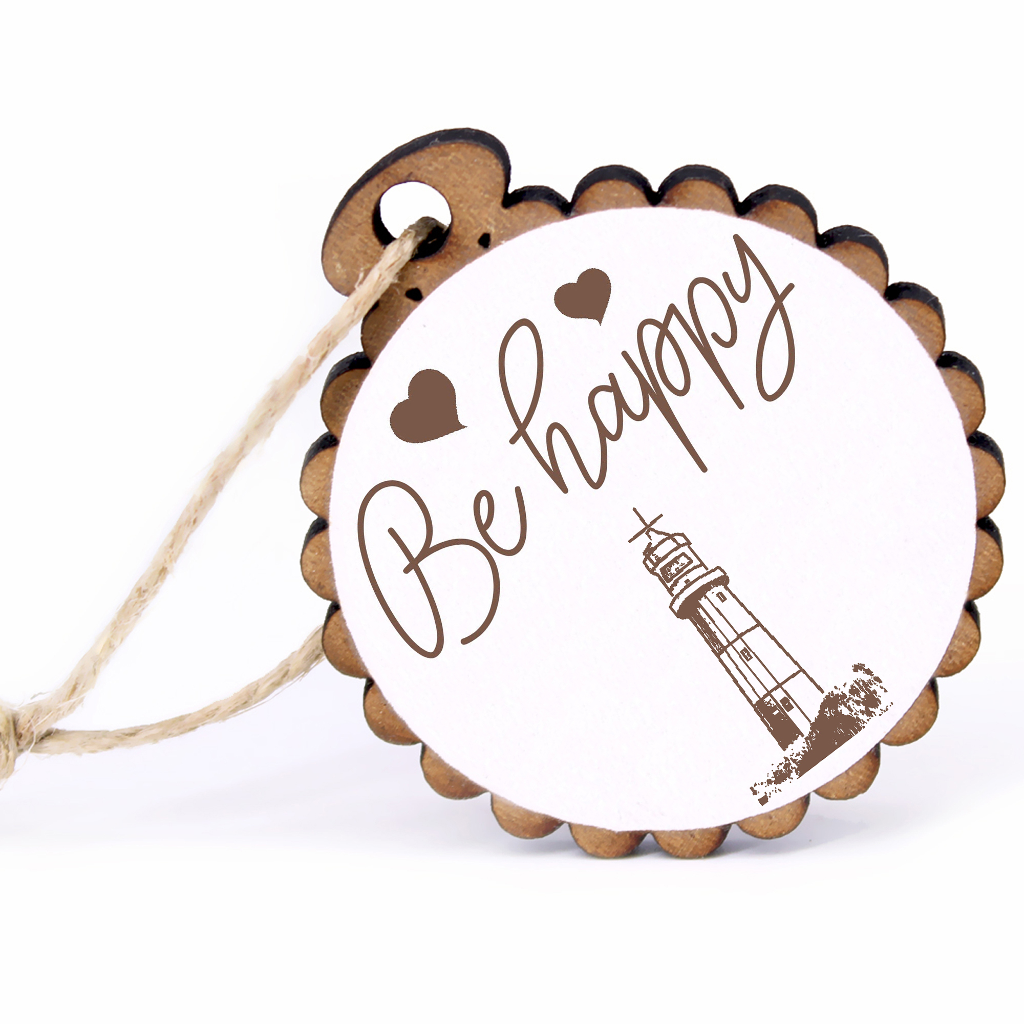 Geschenkanhänger - Be Happy Insel Borkum Leuchtturm -  Holz Ø-5cm - mit Juteband