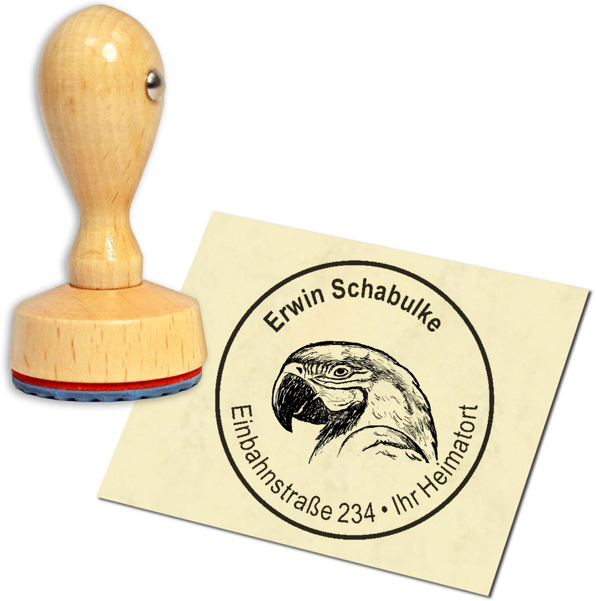 Stempel Adressstempel Holzstempel - Papagei Ara Kopf - rund 40mm