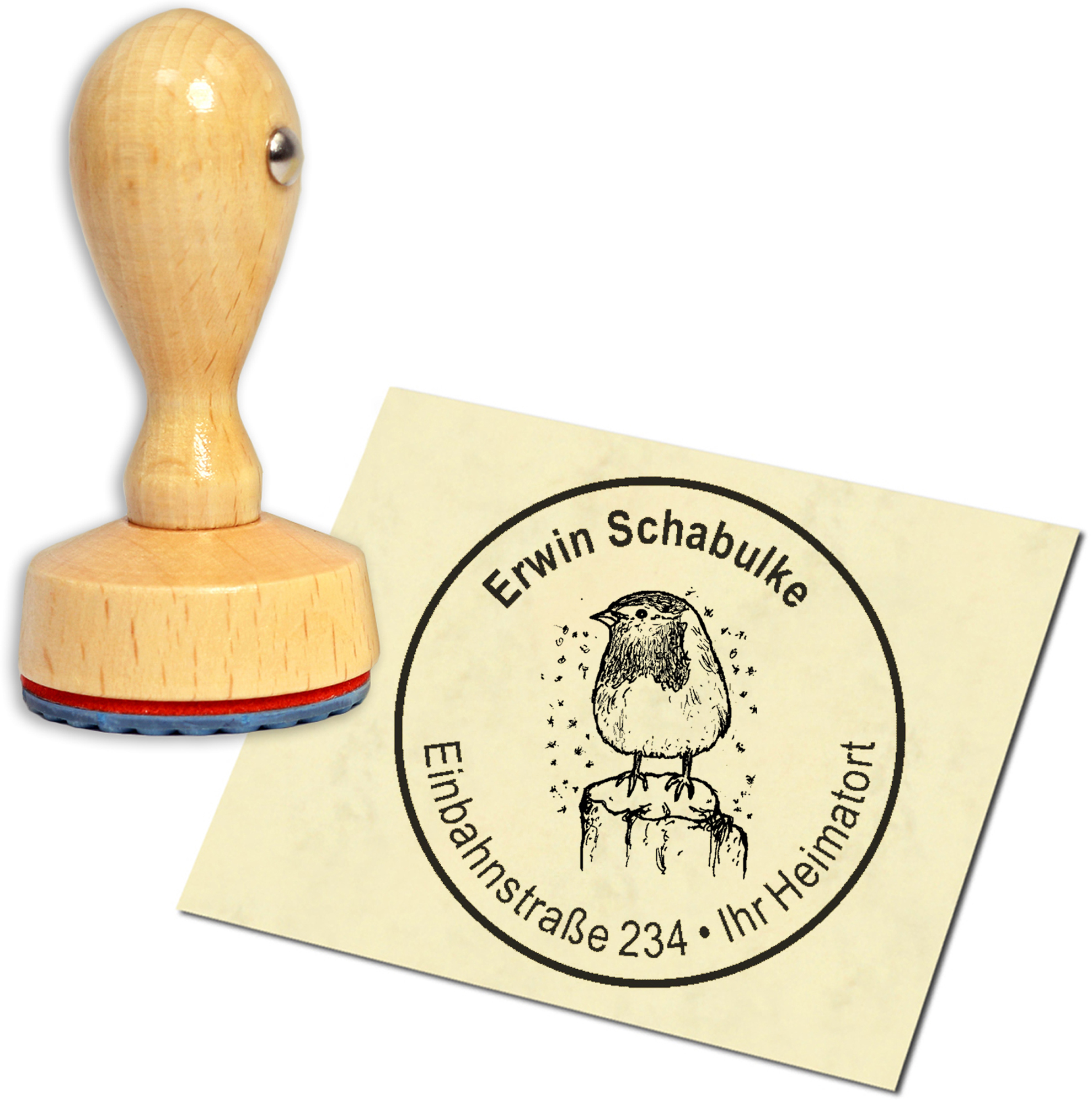 Stempel Adressstempel Holzstempel - Rotkehlchen im Winter - rund 40mm