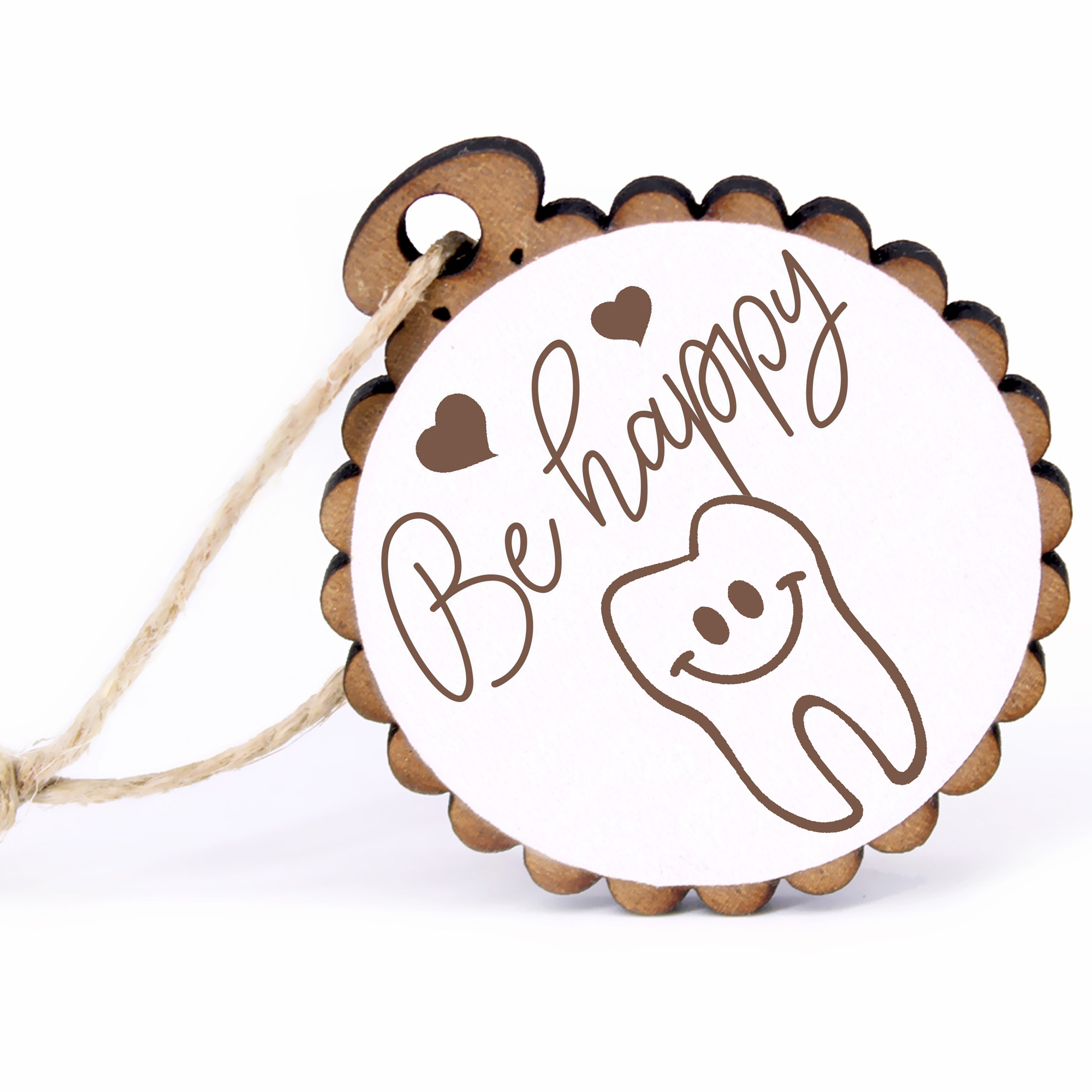 Geschenkanhänger - Be Happy lachender Zahn -  Holz Ø-5cm - mit Juteband