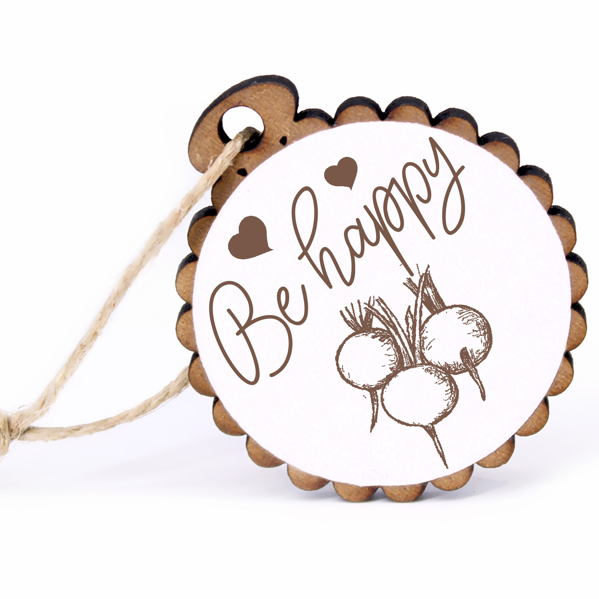 Geschenkanhänger - Be Happy Radieschen -  Holz Ø-5cm - mit Juteband