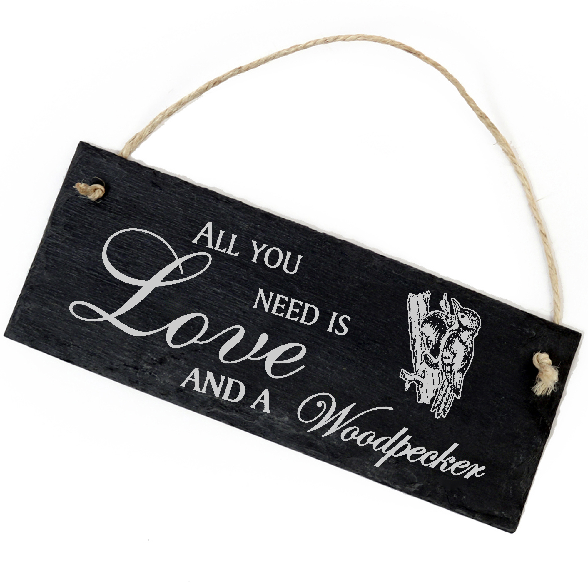 Schiefertafel Deko Specht Schild 22 x 8 cm - All you need is Love and a Woodpecker