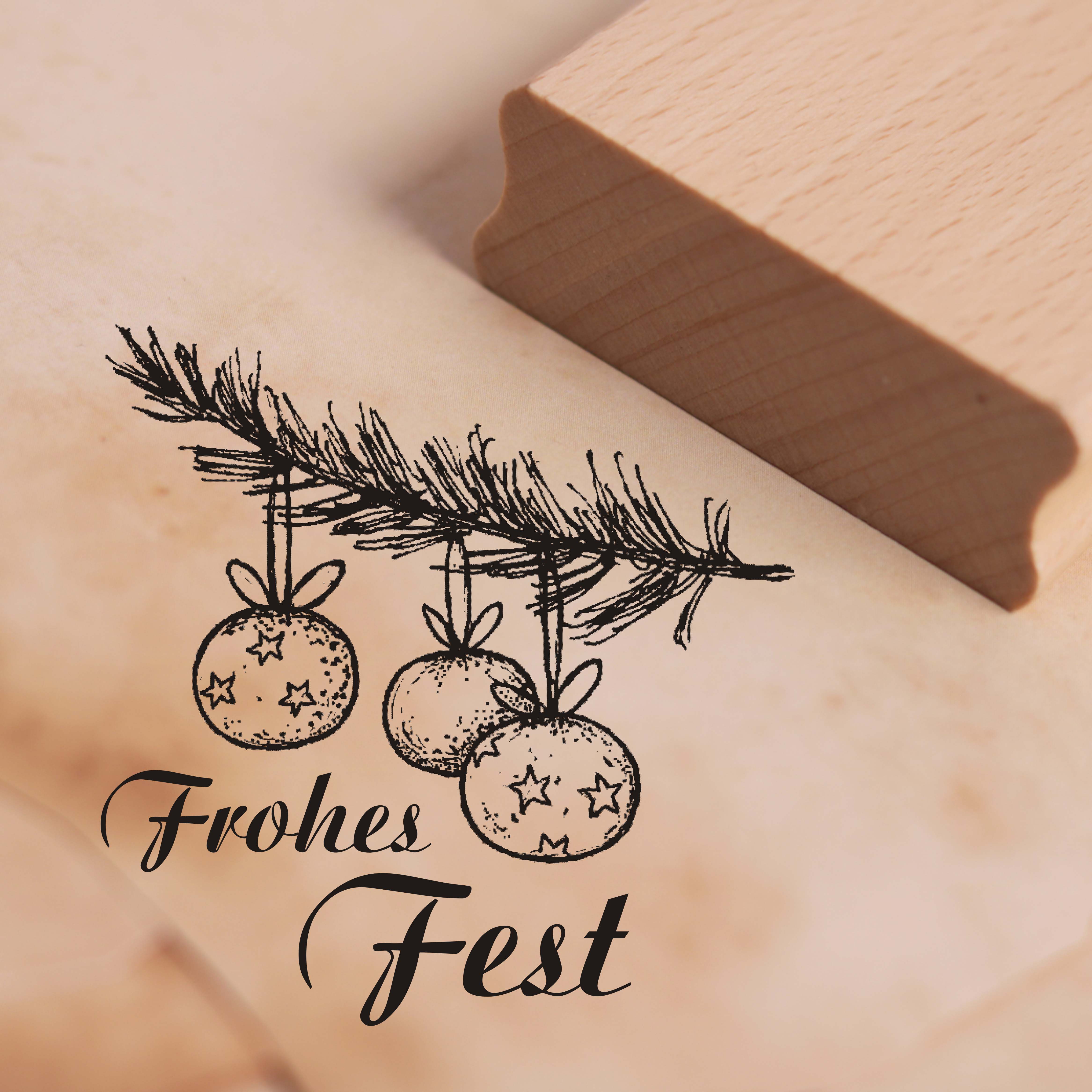 Motivstempel Frohes Fest Stempel Tannenzweig mit Kugeln ca. 38mm x 38mm
