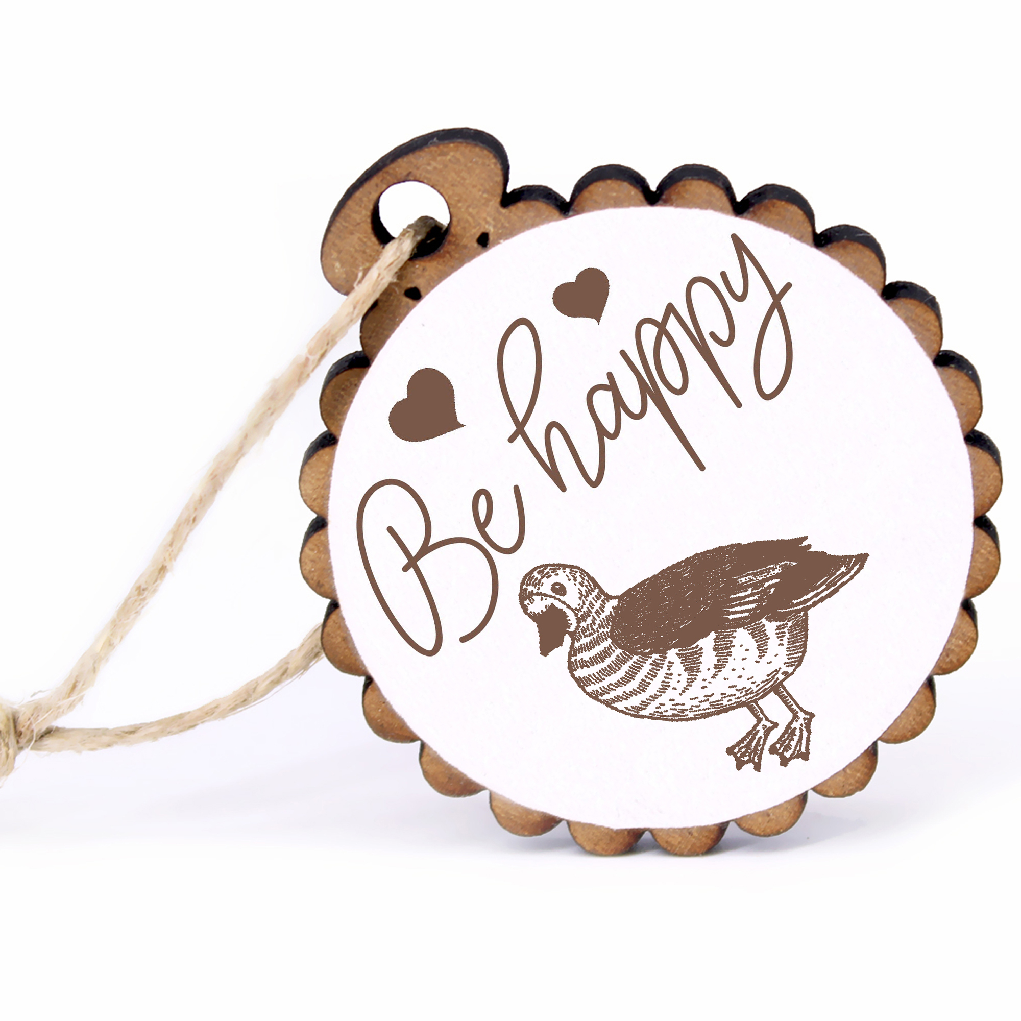 Geschenkanhänger - Be Happy Ente -  Holz Ø-5cm - mit Juteband
