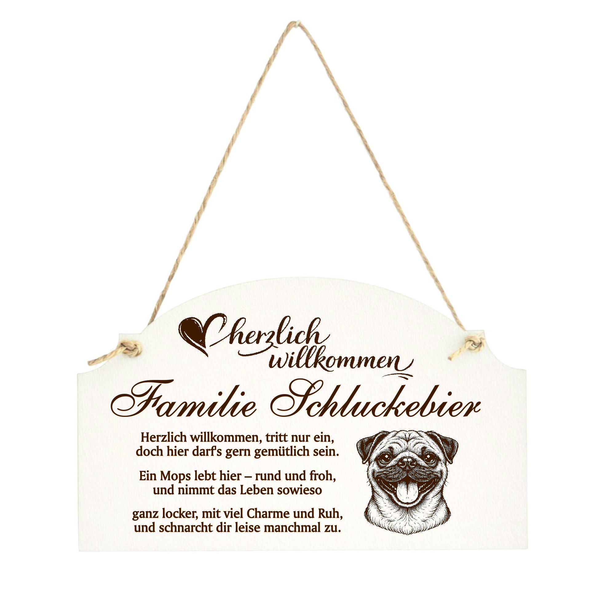 Willkommensschild Mops personalisiert - Haustürschild mit Hundespruch - 14 x 8,5 cm