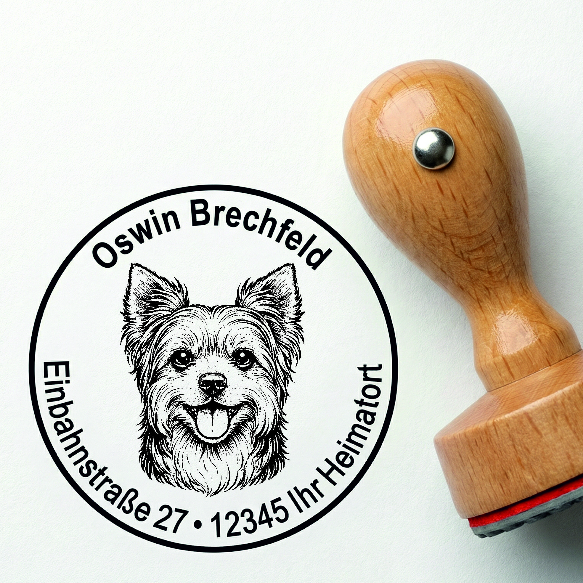 Stempel Yorkshire Terrier personalisiert – Hund Holzstempel mit Name & Adresse