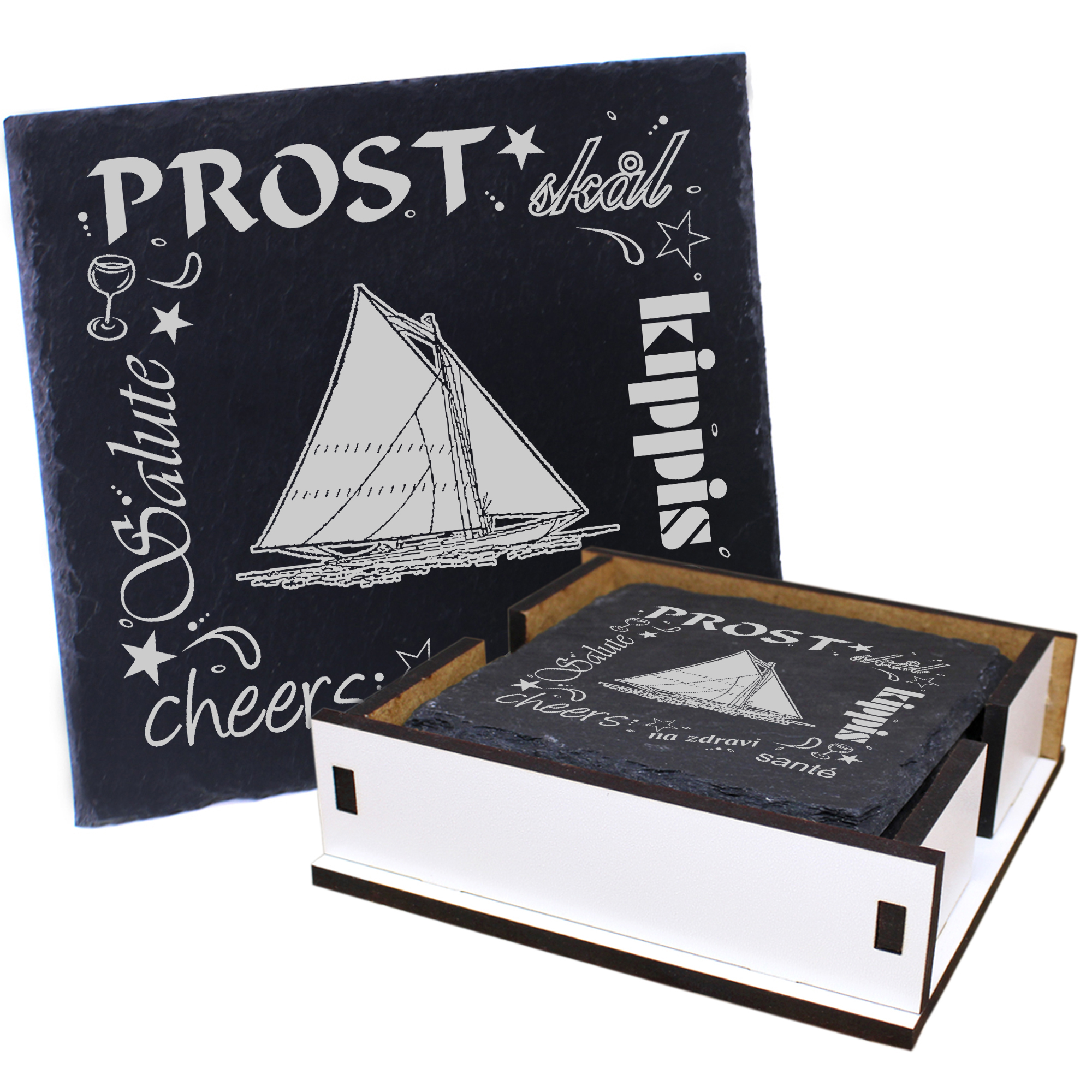 5 x Schiefer Untersetzer - Prost Segelschiff - inkl. Holzbox & Flaschenuntersetzer