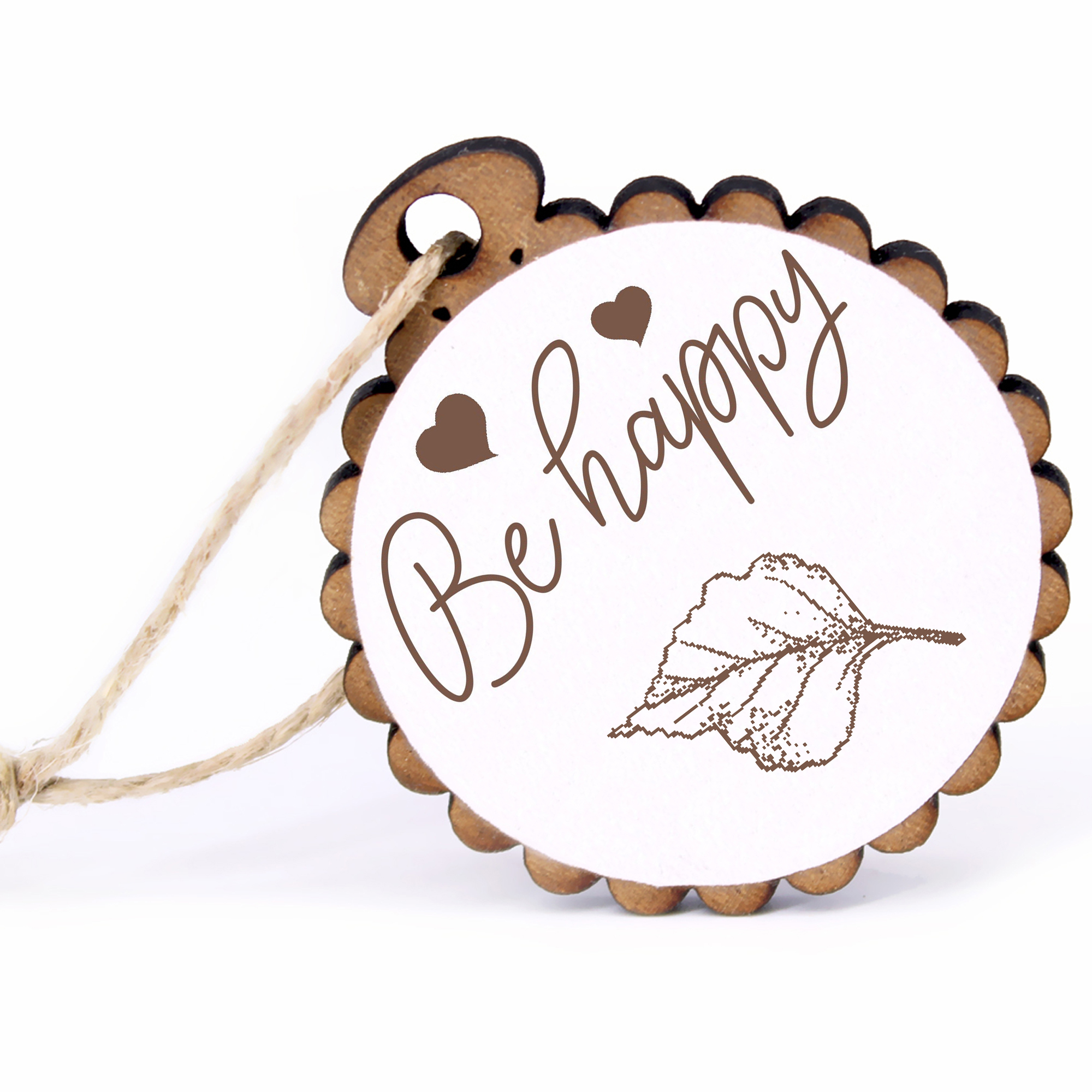 Geschenkanhänger - Be Happy Blatt -  Holz Ø-5cm - mit Juteband
