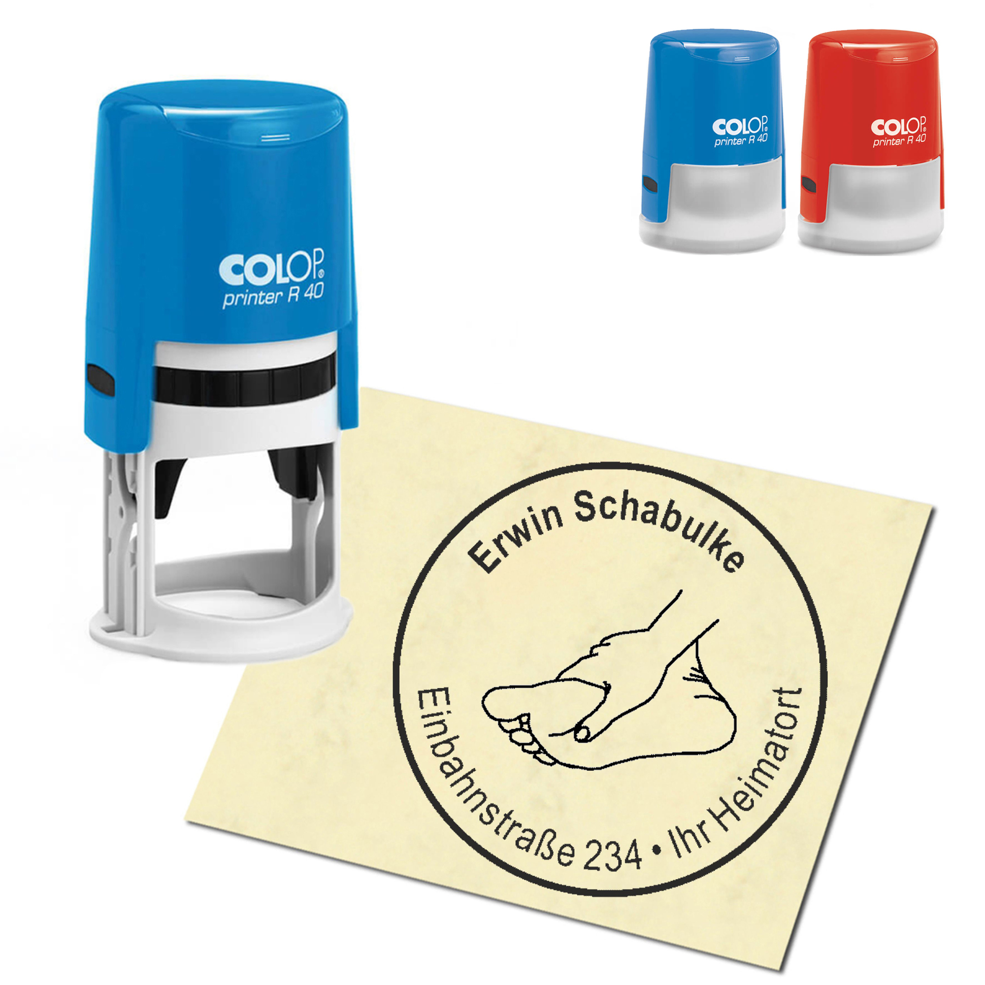 Stempel Adressstempel personalisiert - Fuß und Hand - rund &empty; 40mm