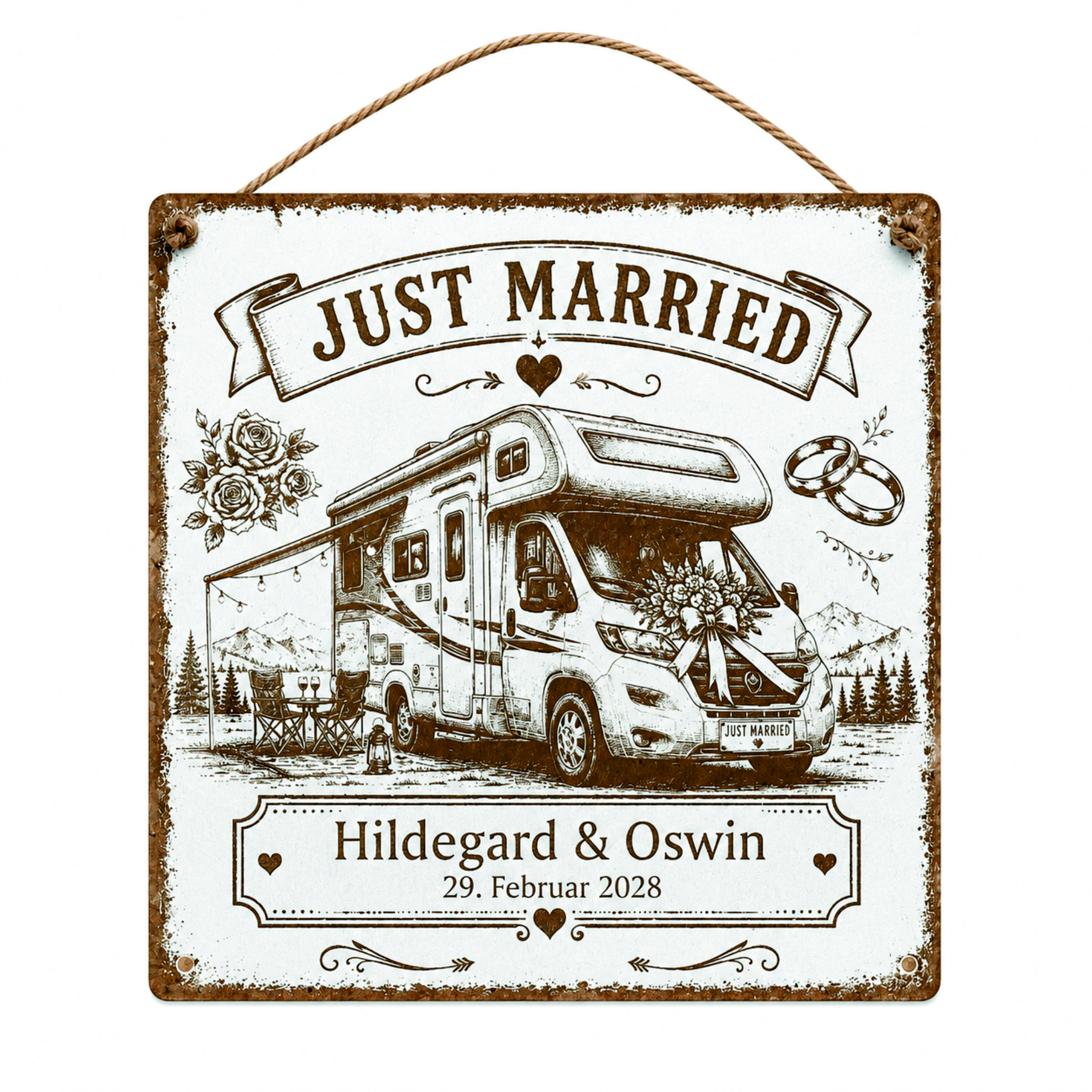 Personalisiertes Hochzeitsschild Camper Wohnmobil - mit Namen und Datum - 15x15 cm