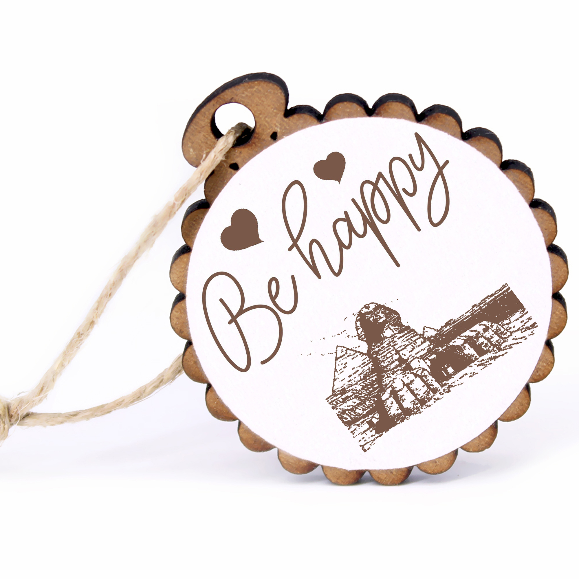Geschenkanhänger - Be Happy Große Sphinx von Gizeh -  Holz Ø-5cm - mit Juteband