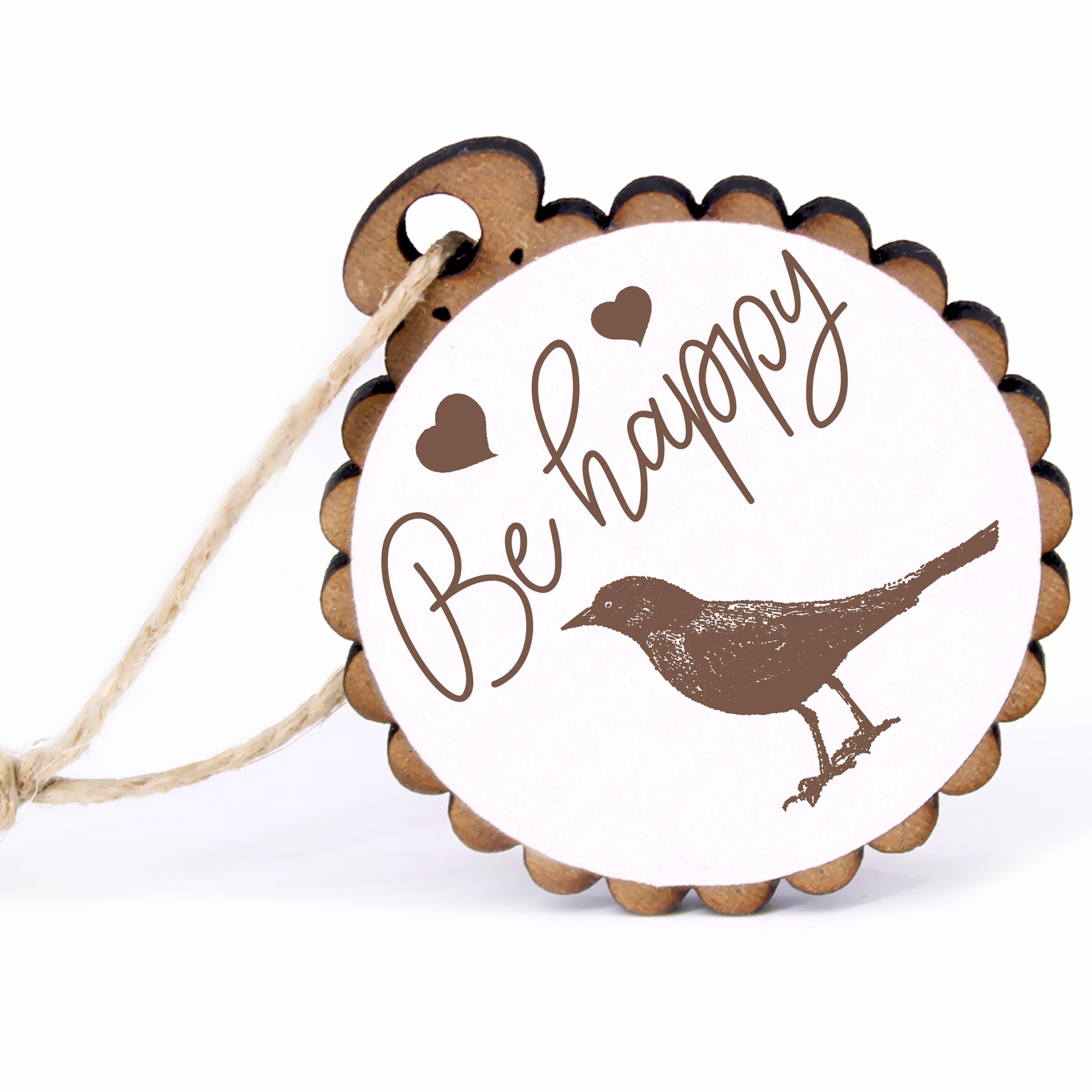 Geschenkanhänger - Be Happy Amsel Schwarzdrossel  -  Holz Ø-5cm - mit Juteband