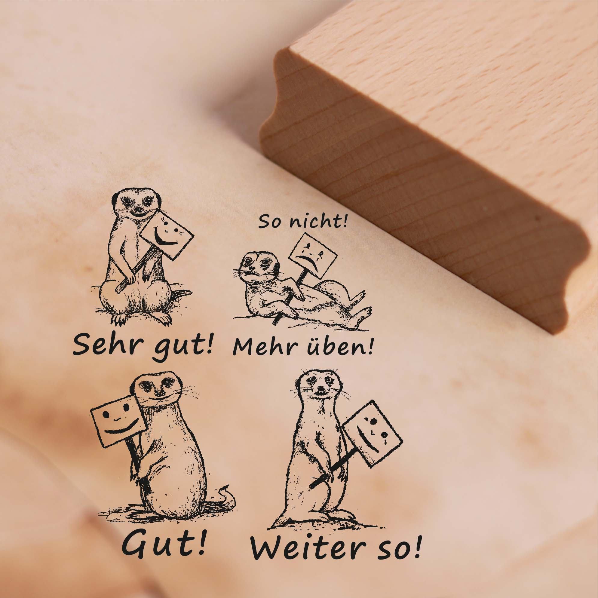 Lehrerstempel Erdmännchen im Set - 4 Motivstempel mit Spruch und Motiv für Schule ca. 28 x 28 mm