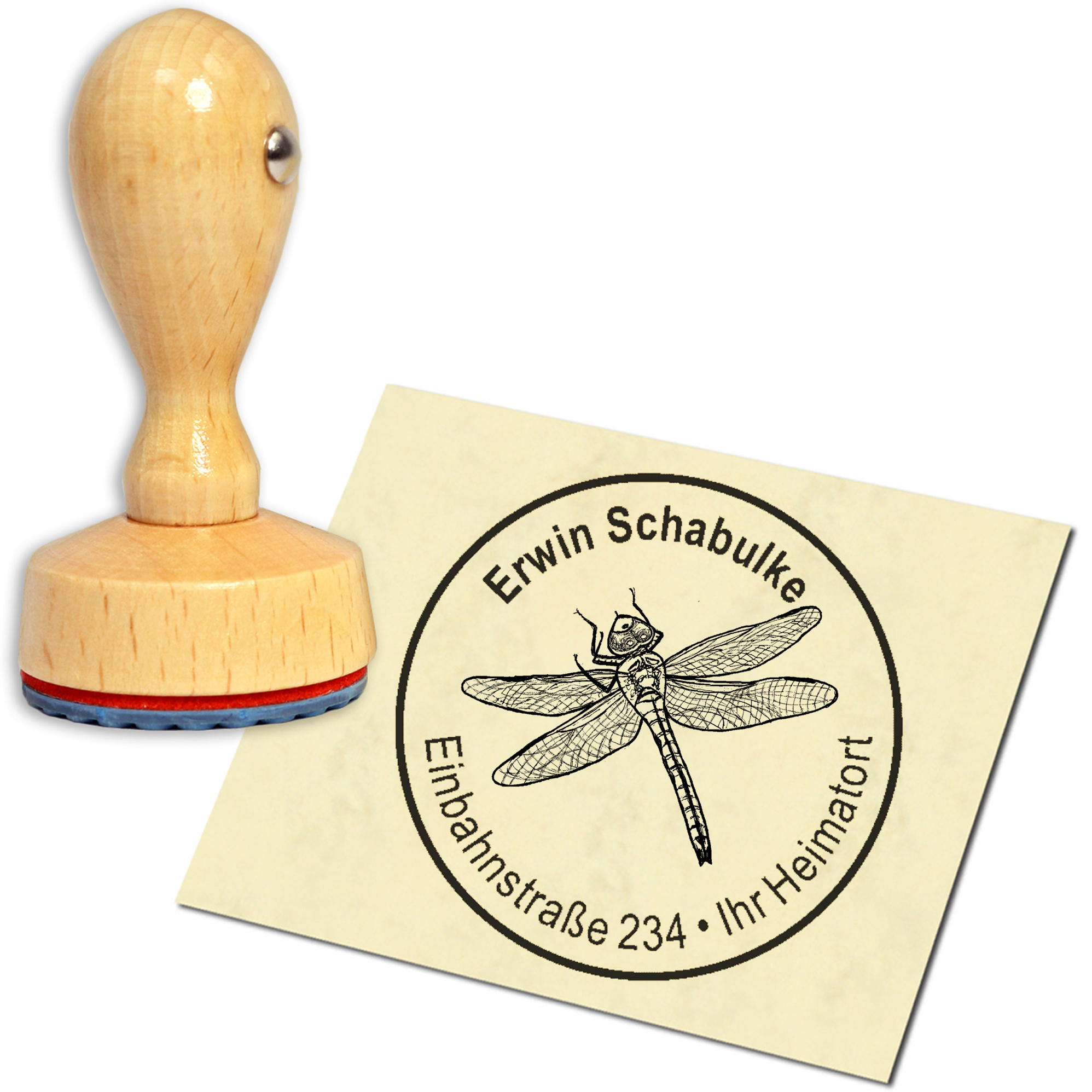 Stempel Adressstempel Holzstempel - Königslibelle - rund 40mm