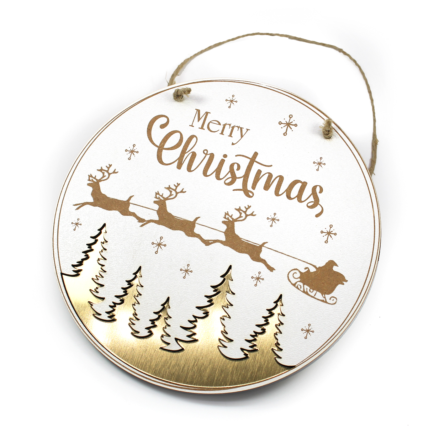Schild rund Merry Christmas mit Weihnachtsschlitten und goldfarbenen Tannen Ornament Ø 15 cm