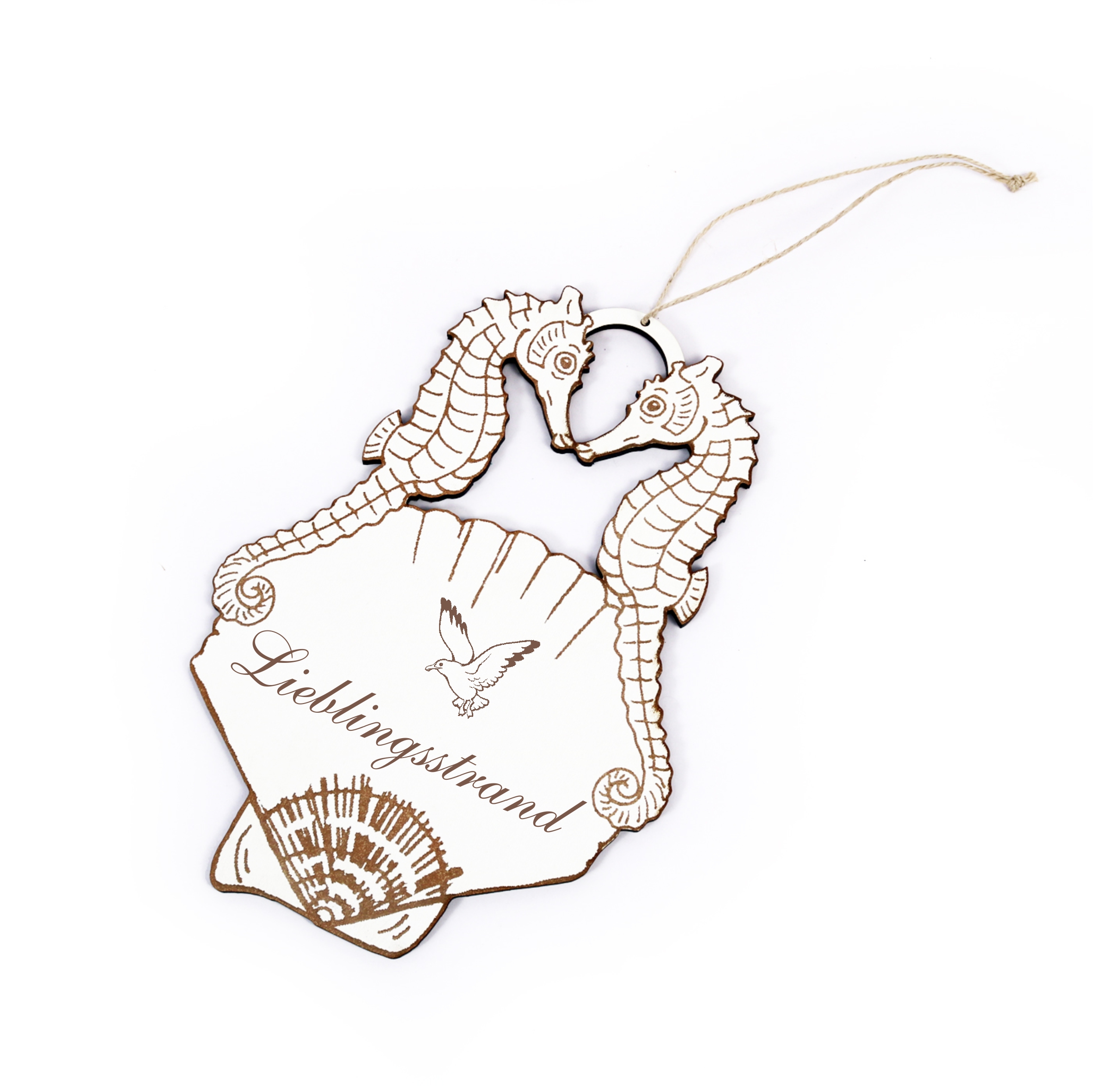Maritimes Schild « LIEBLINGSSTRAND » mit Seepferdchen und Muschel