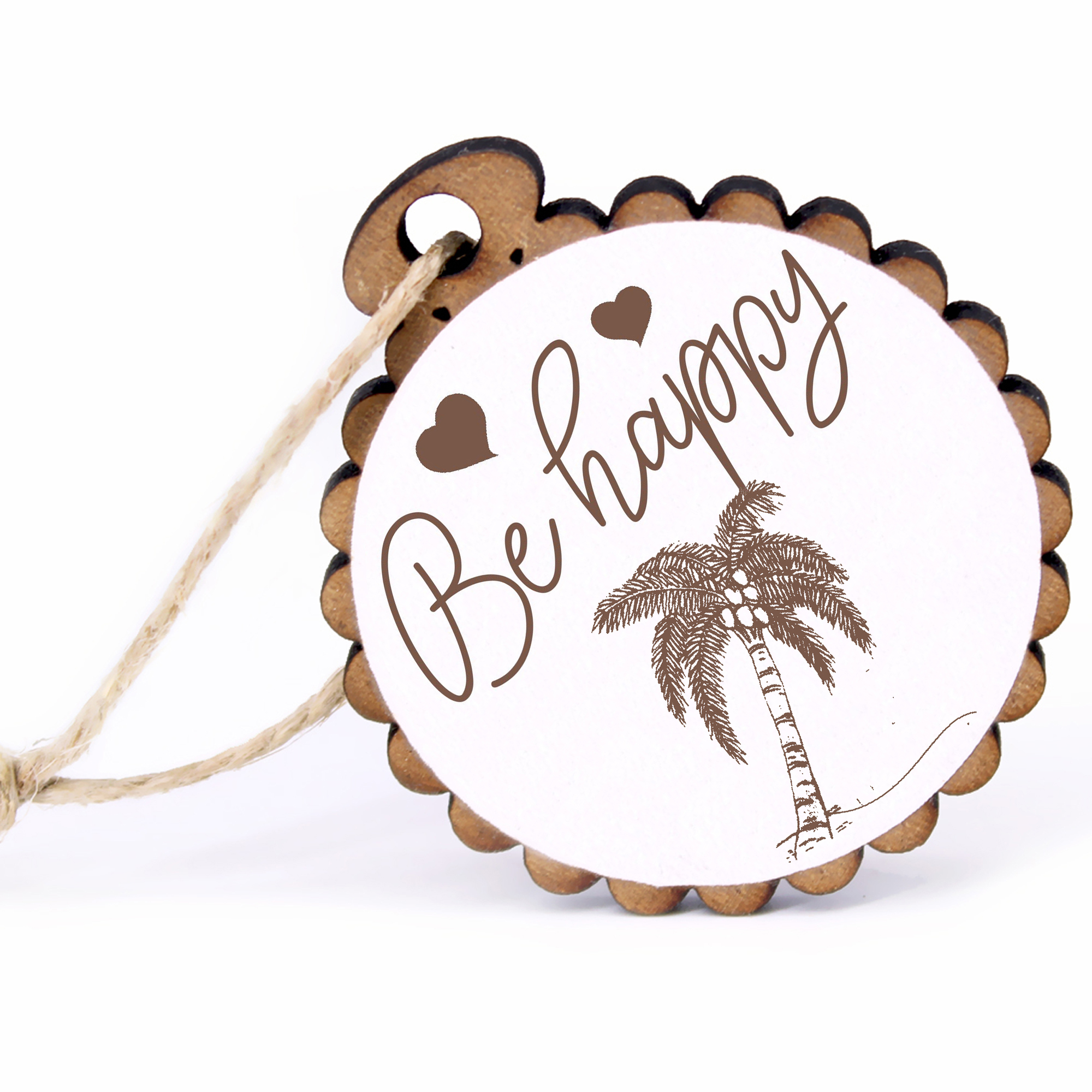 Geschenkanhänger - Be Happy Palme -  Holz Ø-5cm - mit Juteband