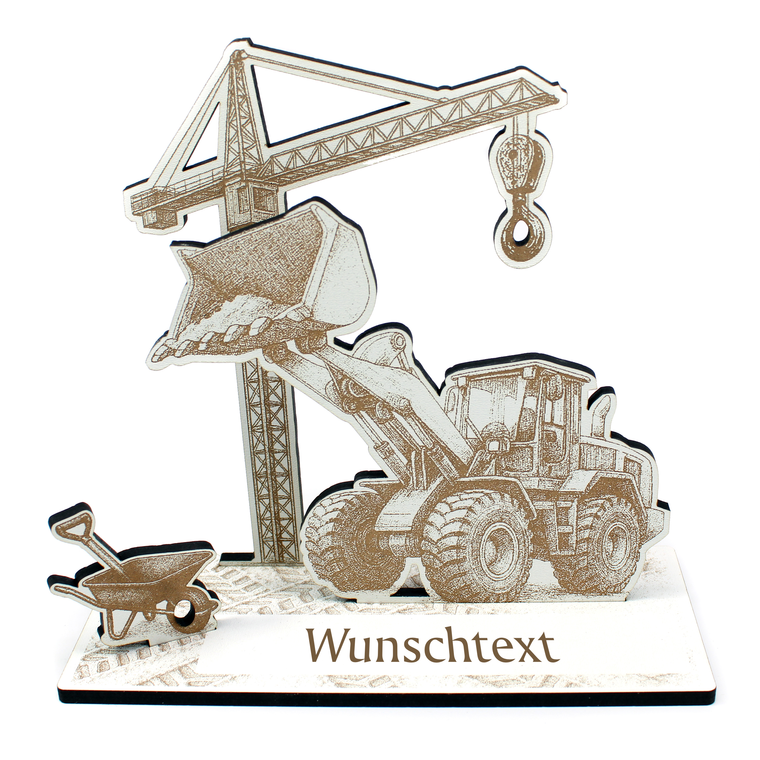 Geldgeschenk Aufsteller „Radladerfahrer“ – Dekoaufsteller mit Radlader, Kran & Schubkarre –  18×19×8 cm
