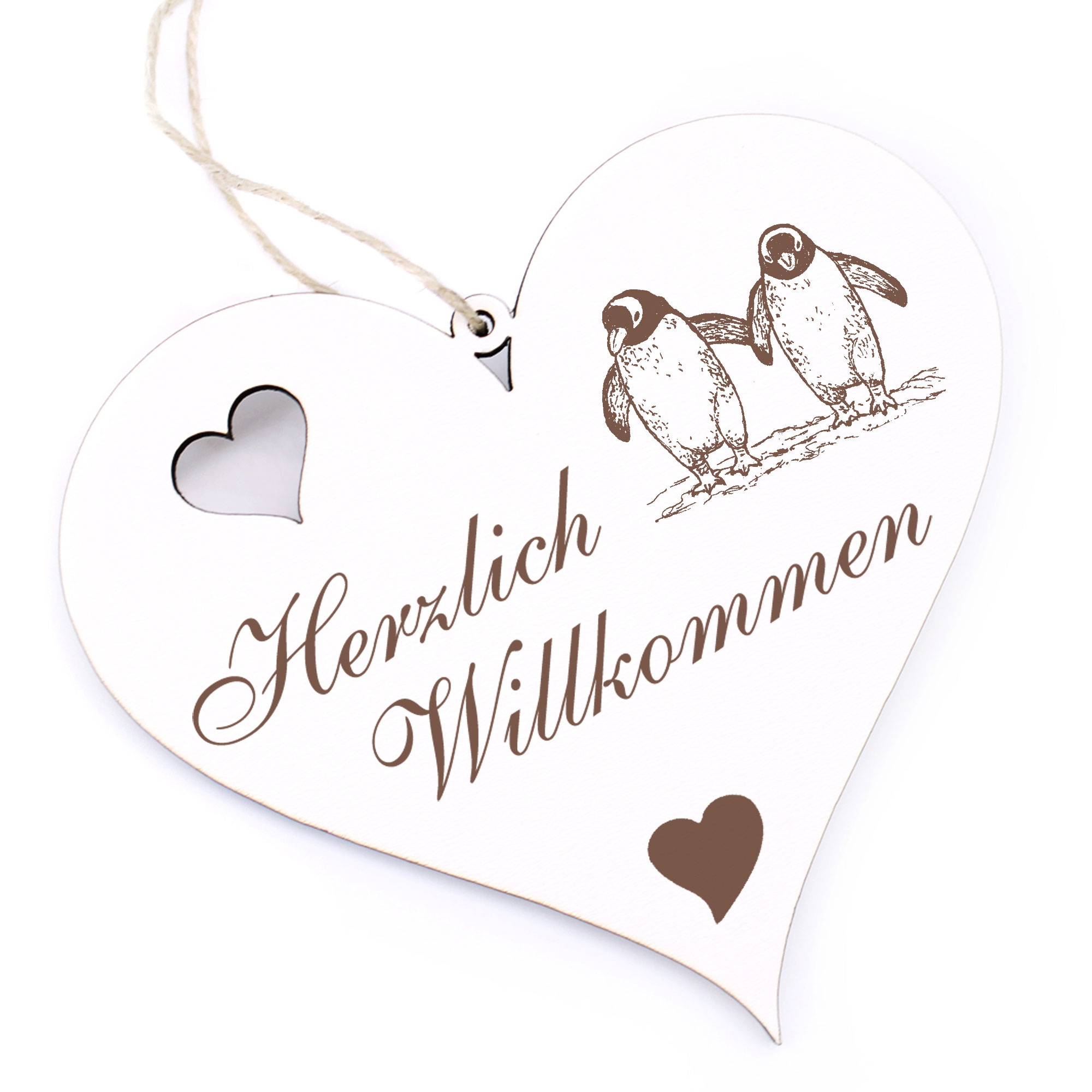 Herzlich Willkommen Schild - Pinguinpaar - Deko Herz Holz