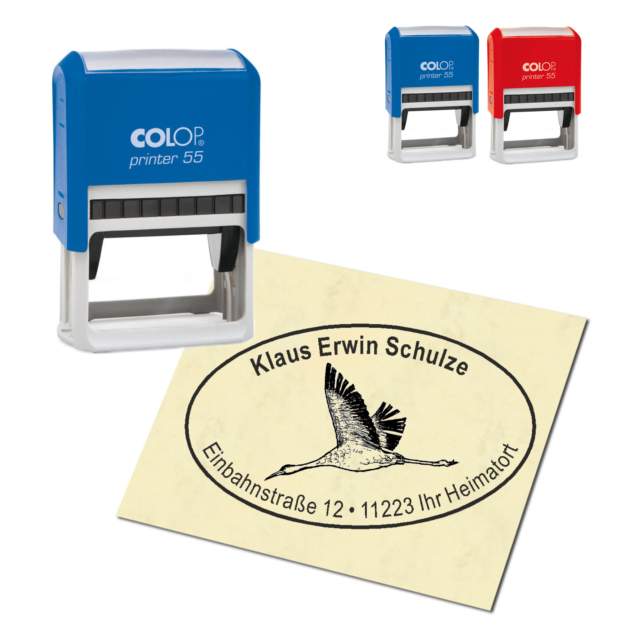 Adressstempel personalisiert Stempel - fliegender Kranich - oval 59 x 39 mm