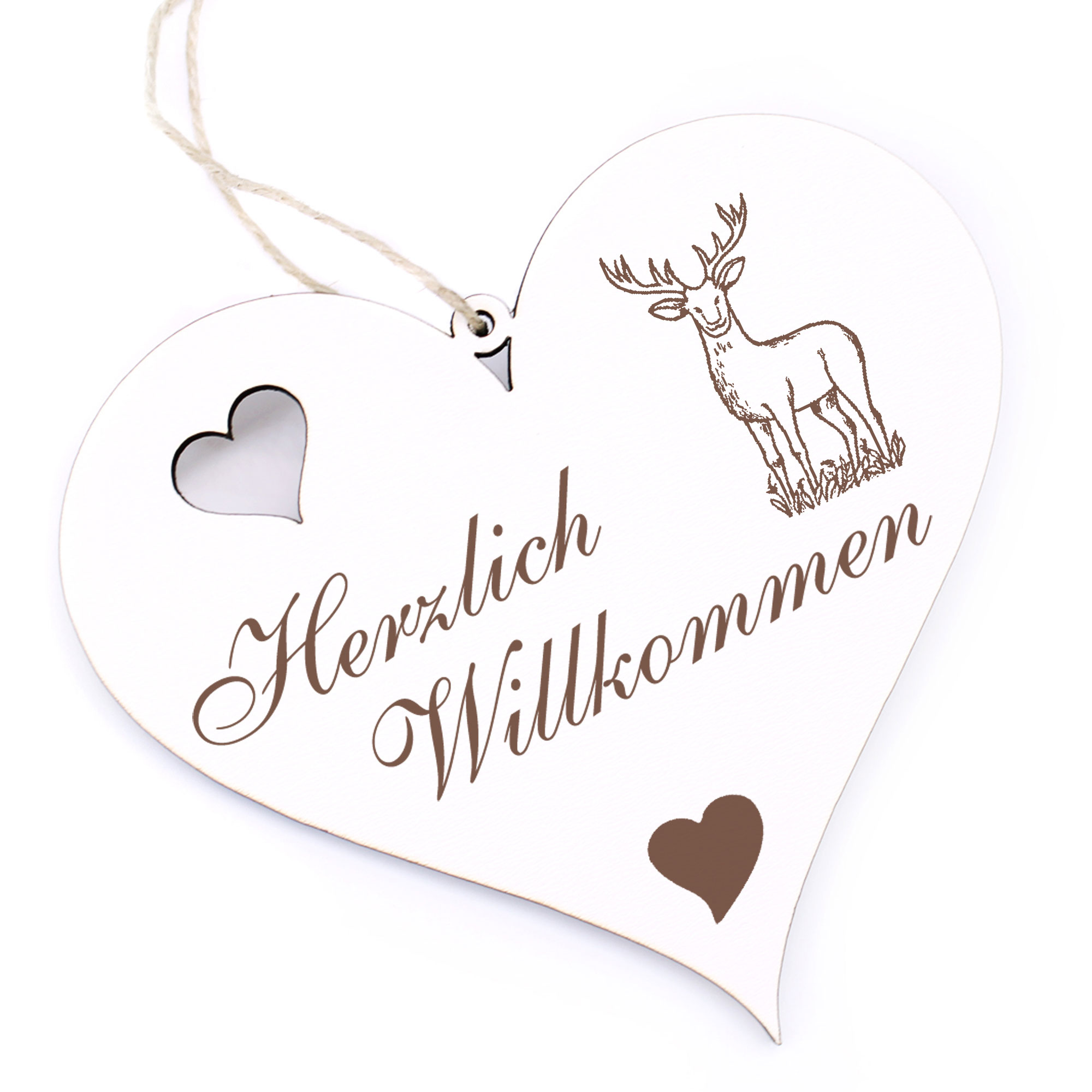 Herzlich Willkommen Schild - gezeichneter Hirsch - Deko Herz Holz