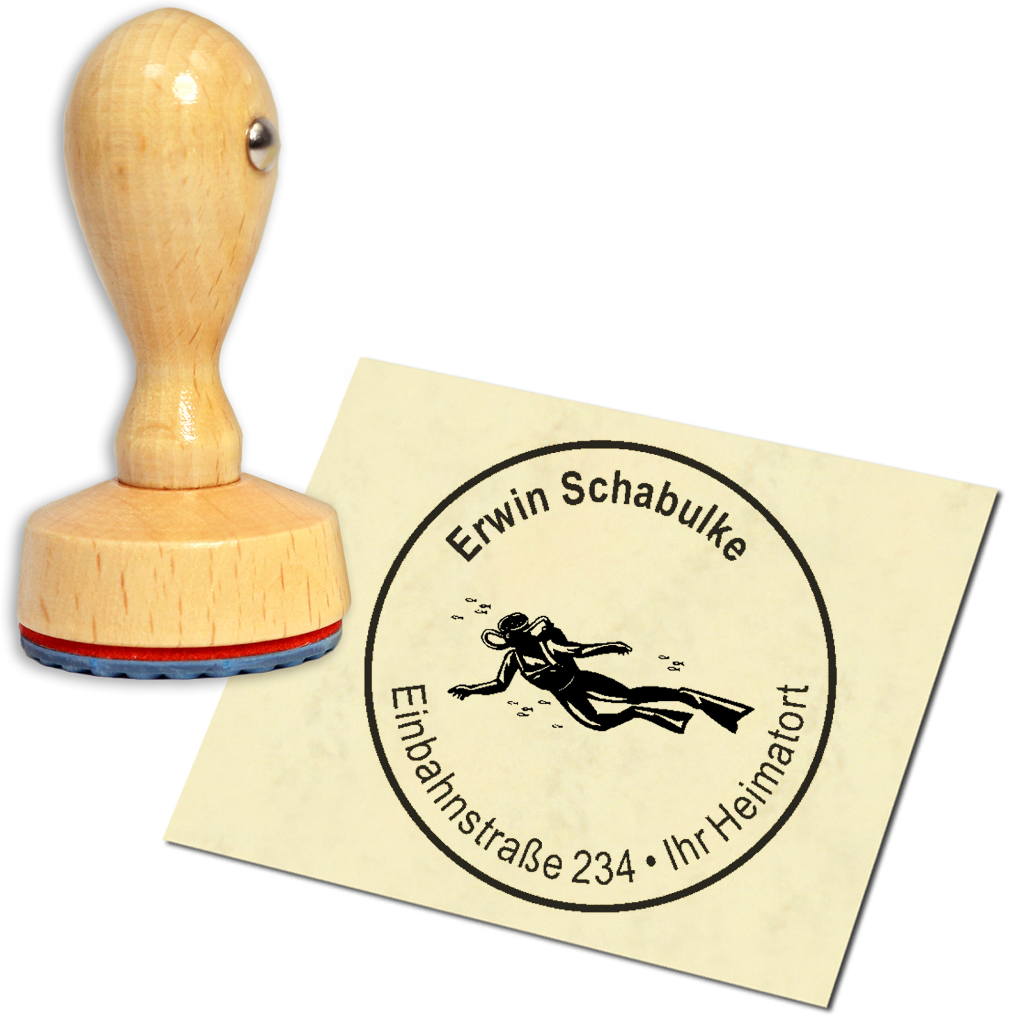 Stempel Adressstempel Holzstempel - Taucherin - rund 40mm