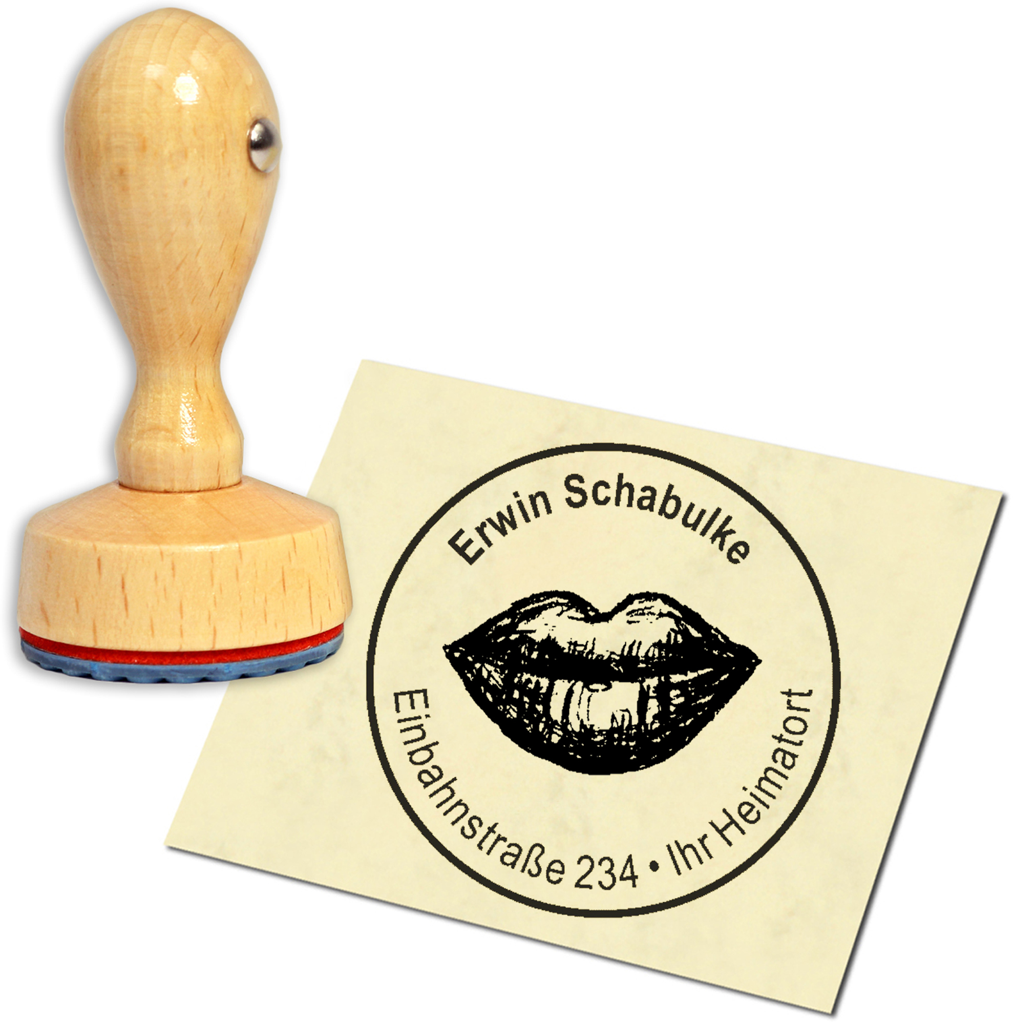 Stempel Adressstempel Holzstempel - Mund - rund 40mm