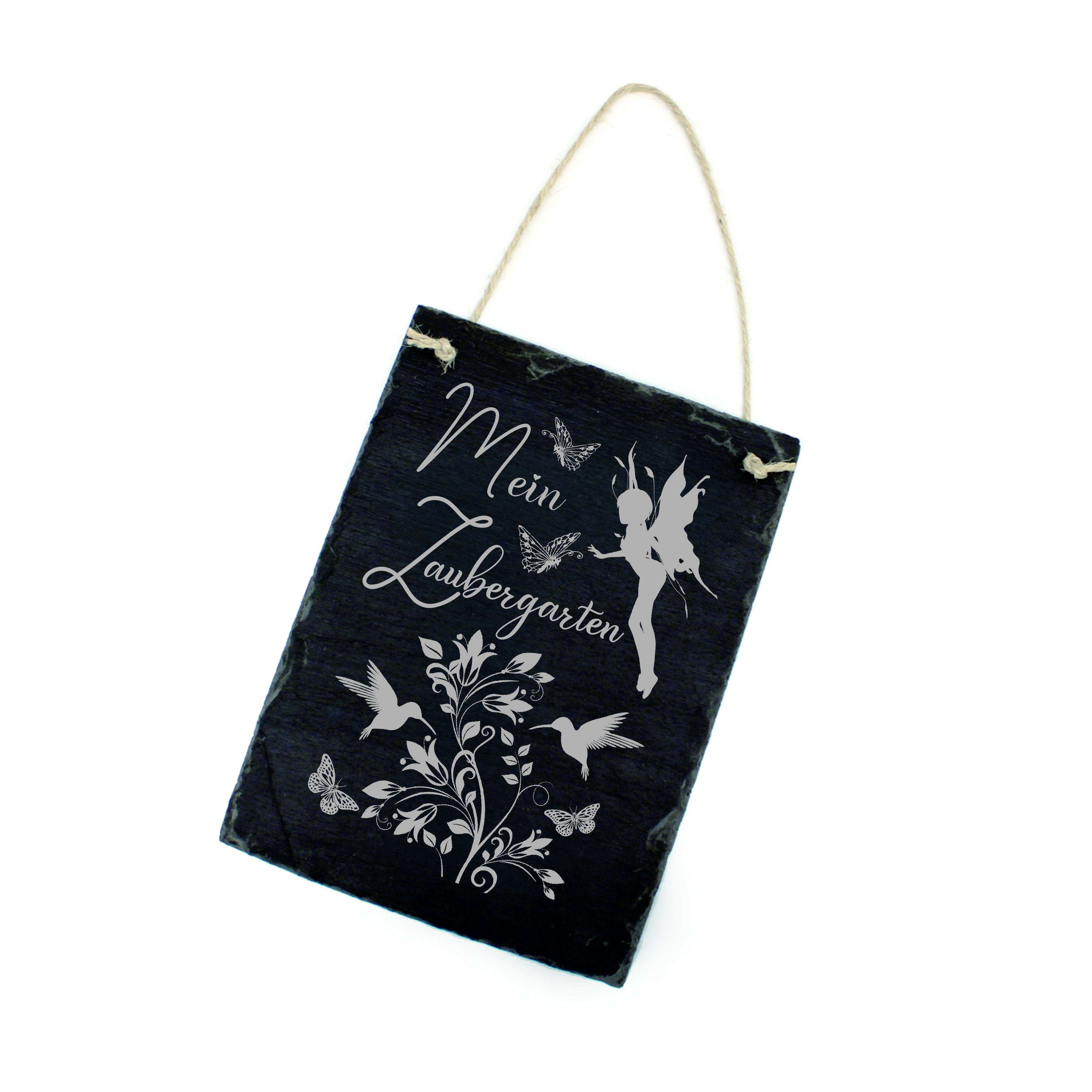 Schiefertafel Mein Zaubergarten - Schild Fee, Blumen, Kolibris und Schmetterlinge 16x22 cm
