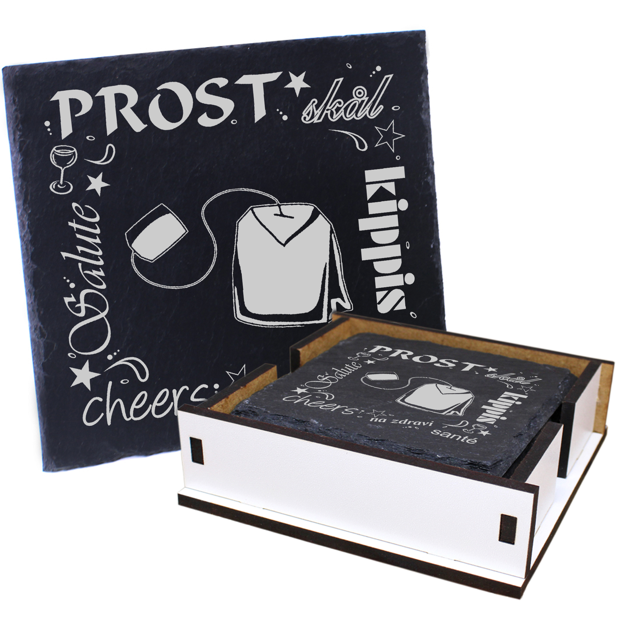 5 x Schiefer Untersetzer - Prost Teebeutel - inkl. Holzbox & Flaschenuntersetzer