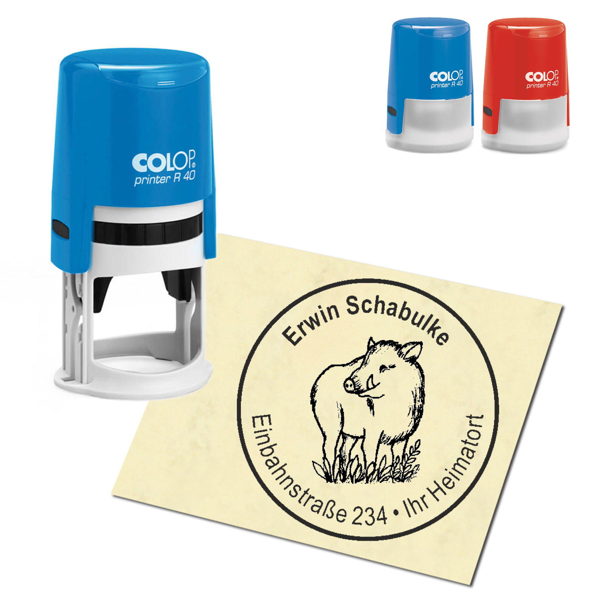 Stempel Adressstempel personalisiert - niedlicher Keiler Wildschwein - rund &empty; 40mm