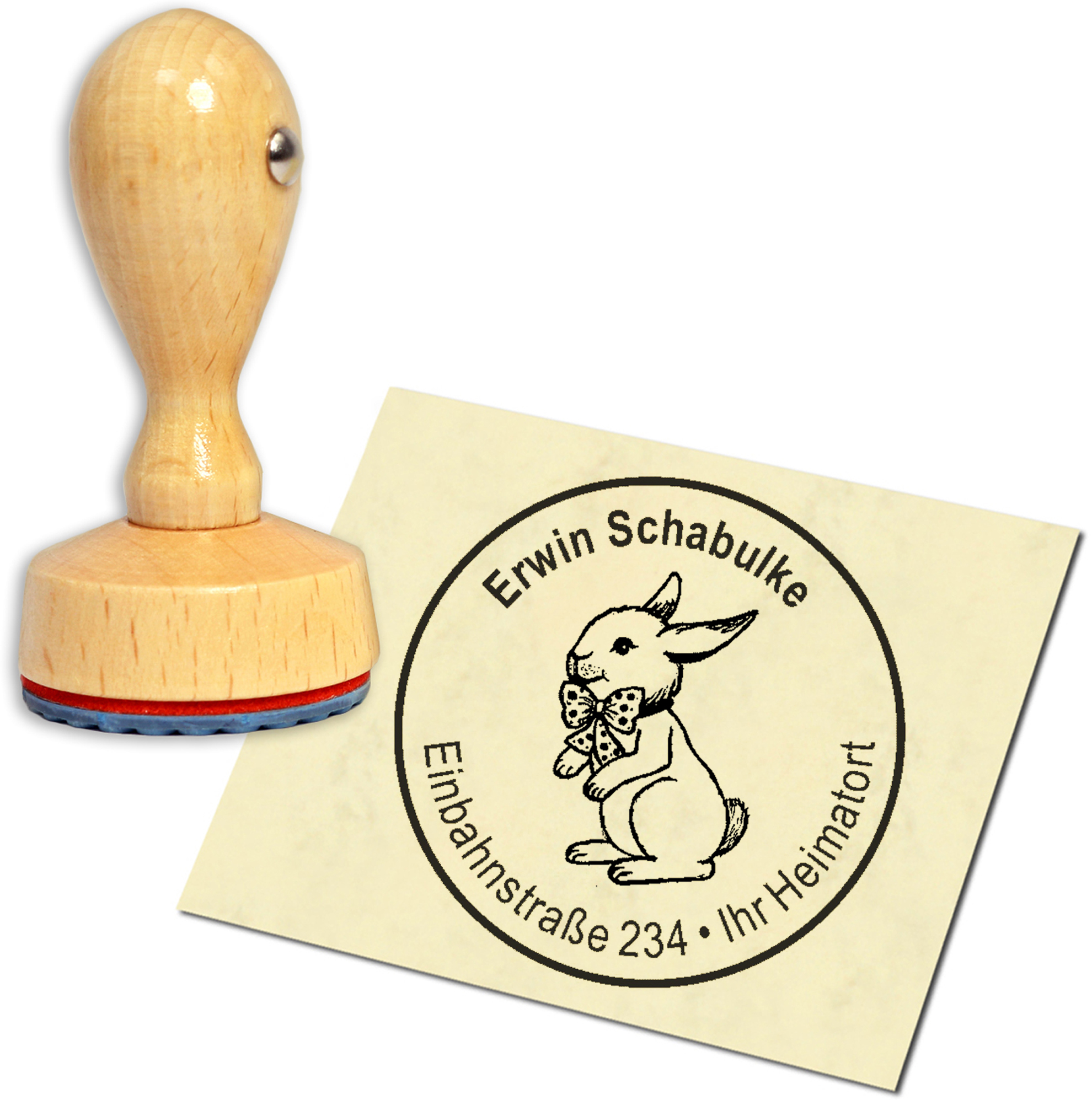 Stempel Adressstempel Holzstempel - Häschen mit Schleife - rund 40mm