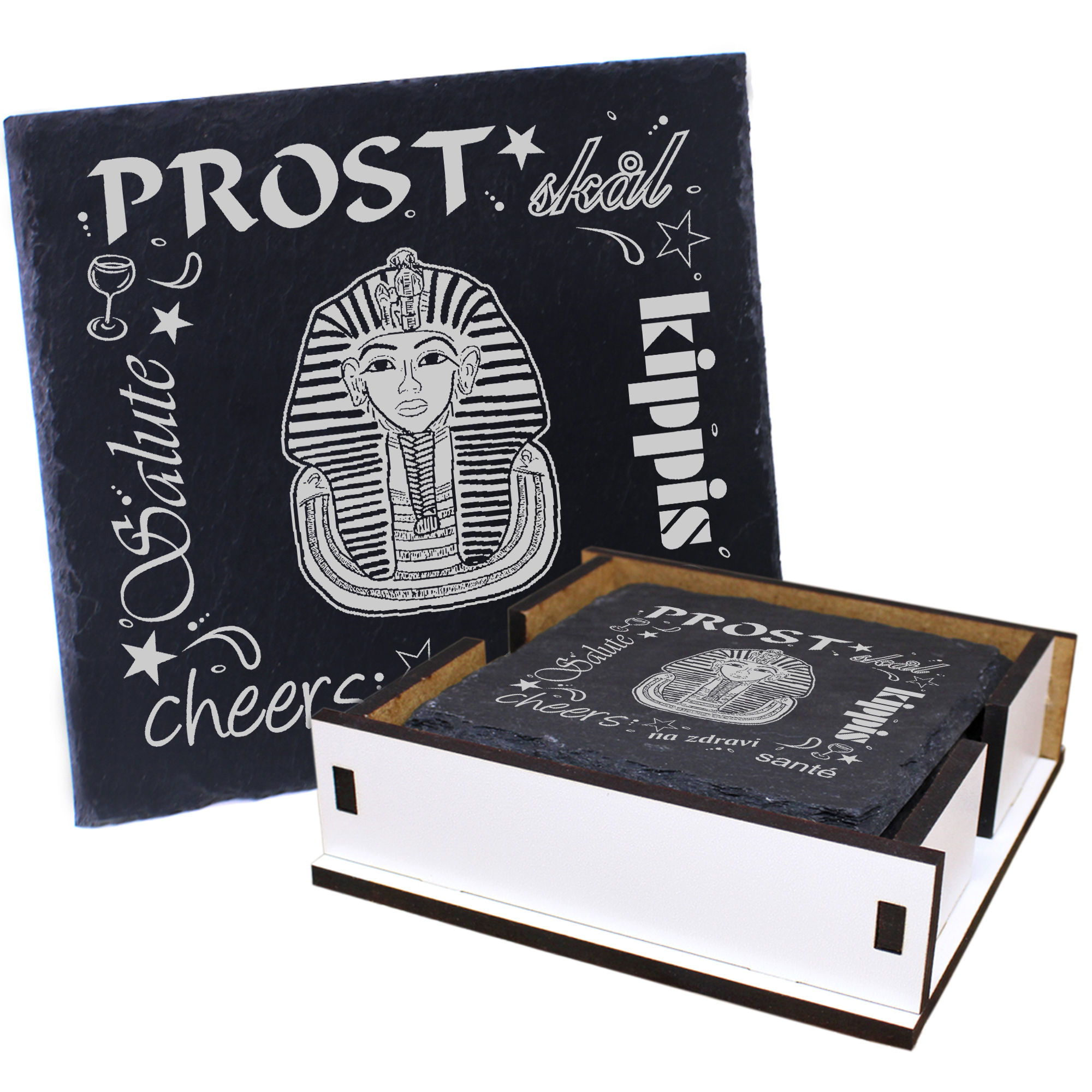 5 x Schiefer Untersetzer - Prost Tutanchamun - inkl. Holzbox & Flaschenuntersetzer