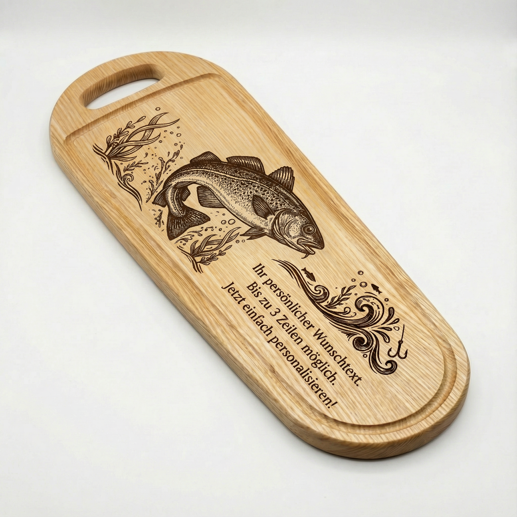 XXL Fisch Schneidebrett aus Esche mit Gravur – Kabeljau –  60x20cm - Angler Griller Koch