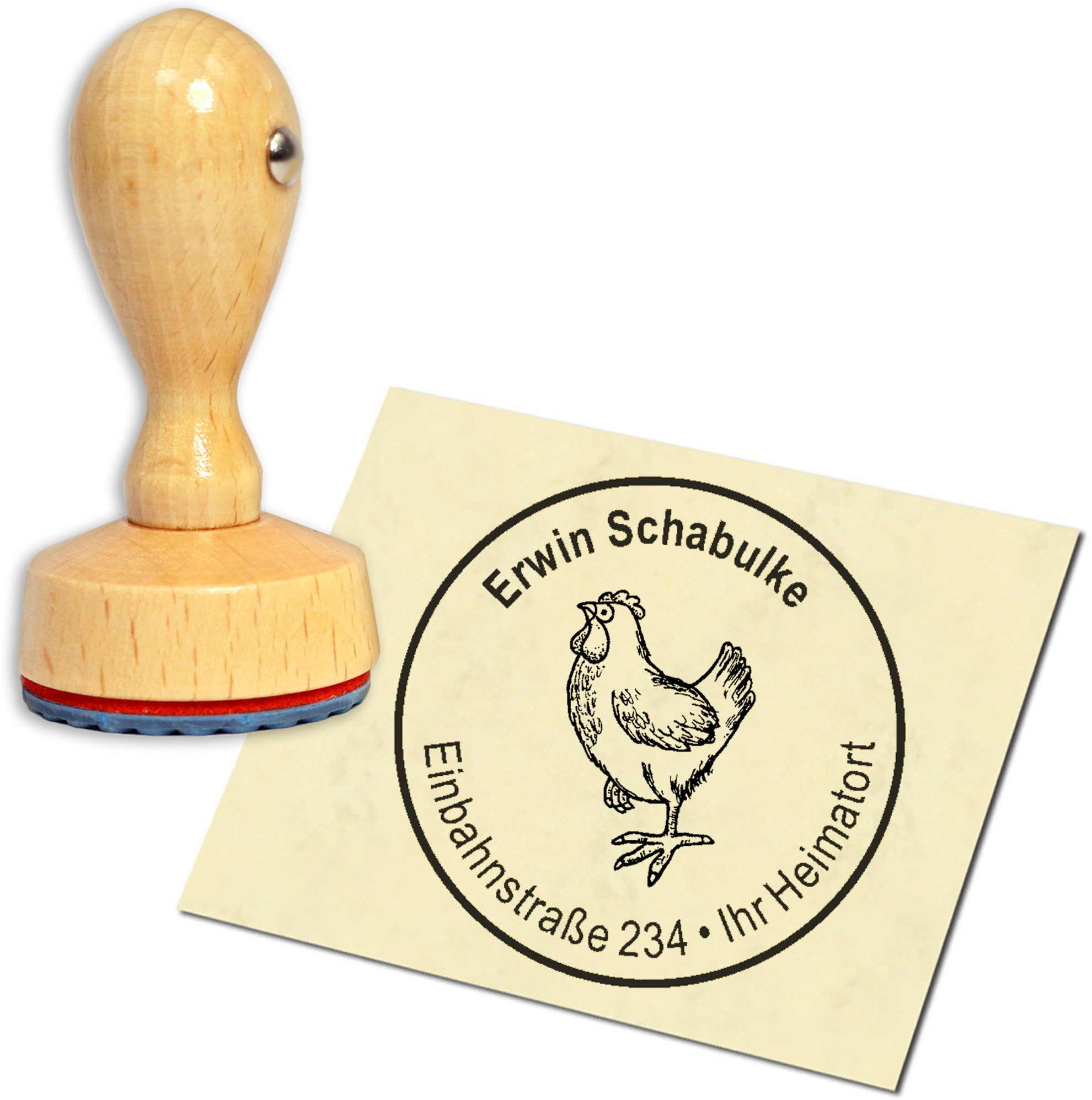 Stempel Adressstempel Holzstempel - stolzes Huhn - rund 40mm