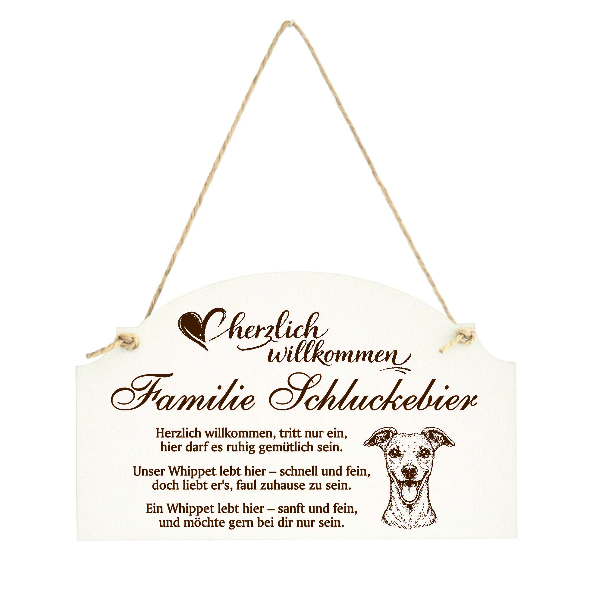 Willkommensschild Whippet personalisiert - Haustürschild mit Hundespruch - 14 x 8,5 cm
