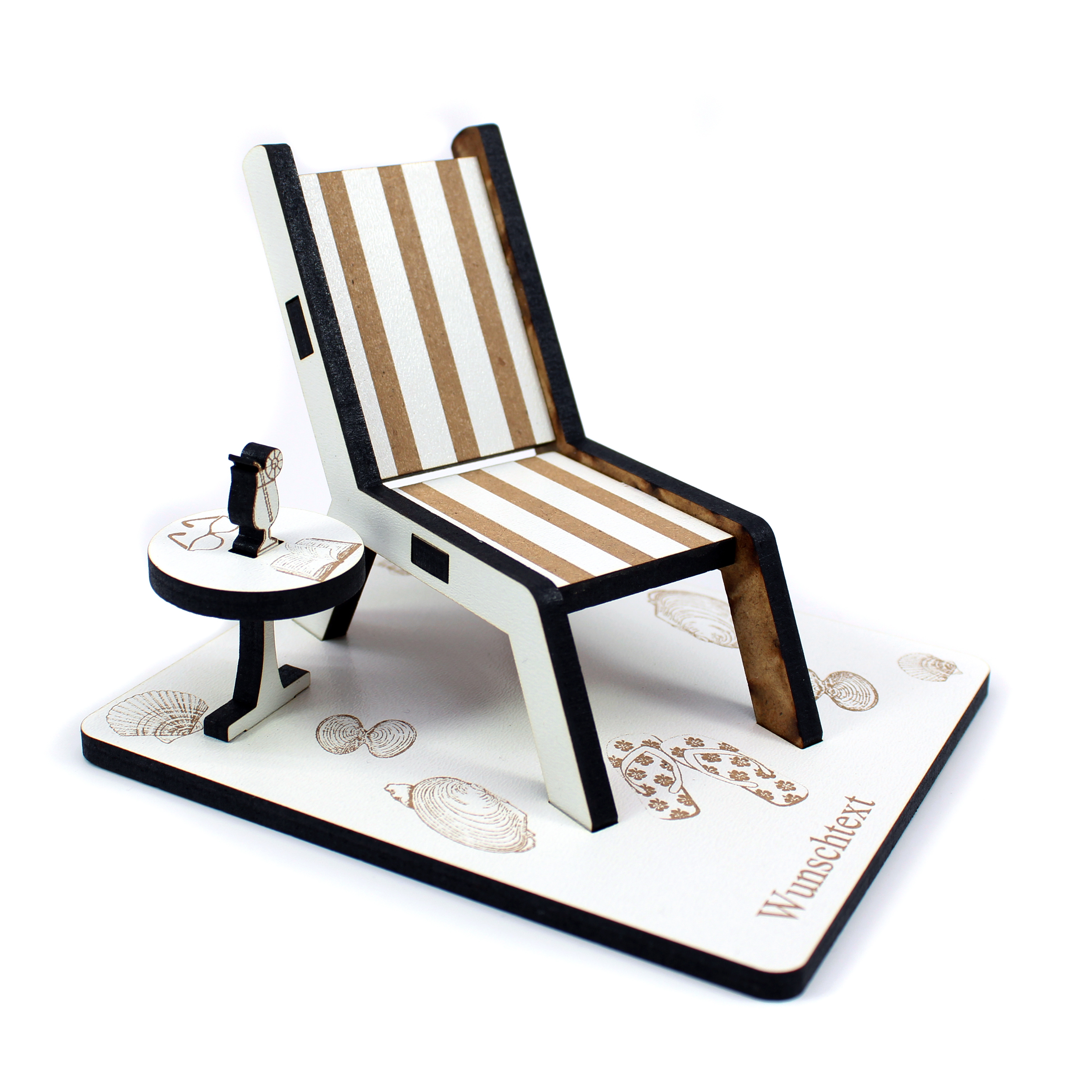 Urlaub Geldgeschenk Liegestuhl mit Tisch und Cocktail - personalisiert mit Wunschtext - Schild für Geld Gutschein 12 x 9 cm