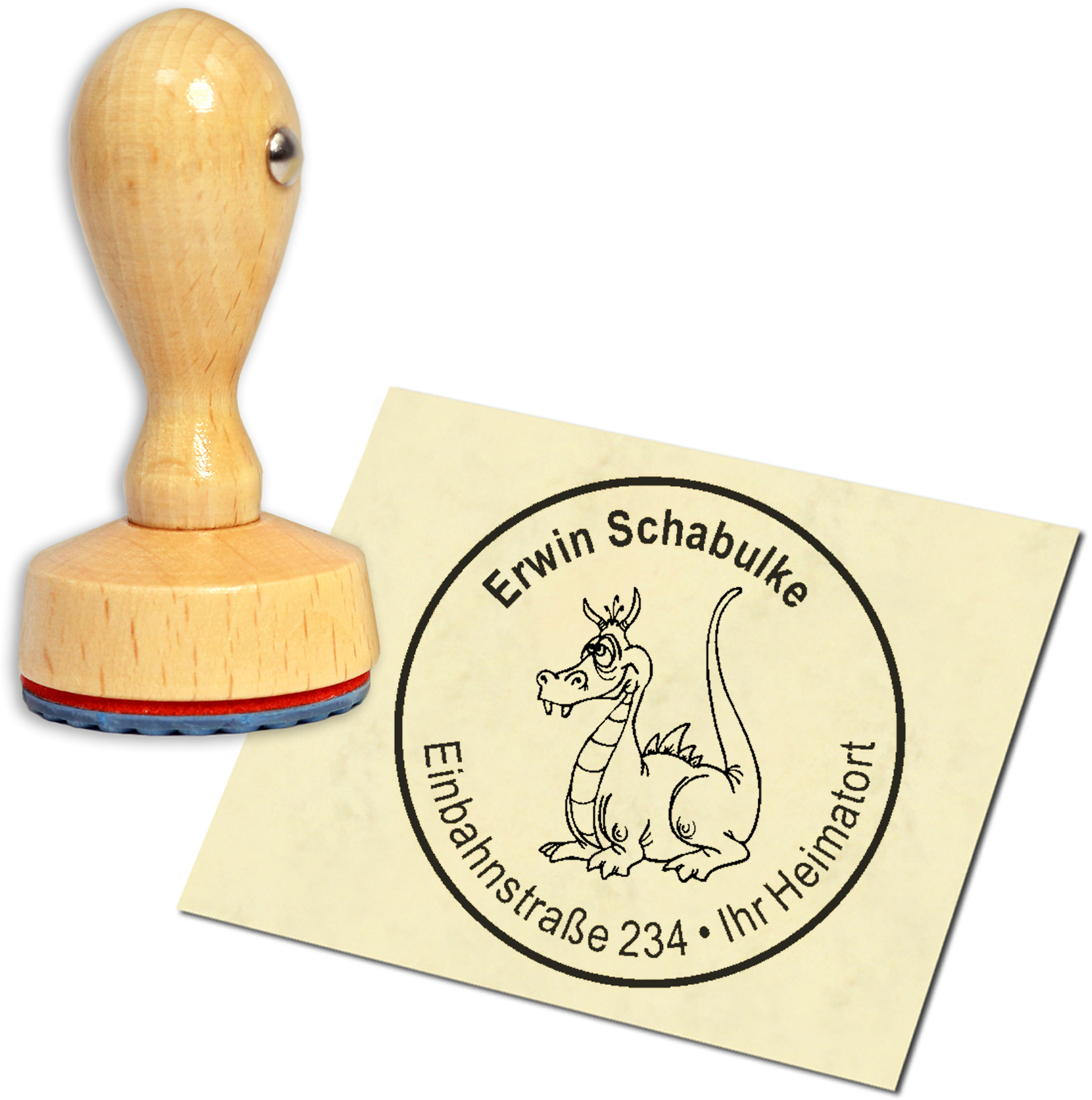 Stempel Adressstempel Holzstempel - lustiger Drache - rund 40mm
