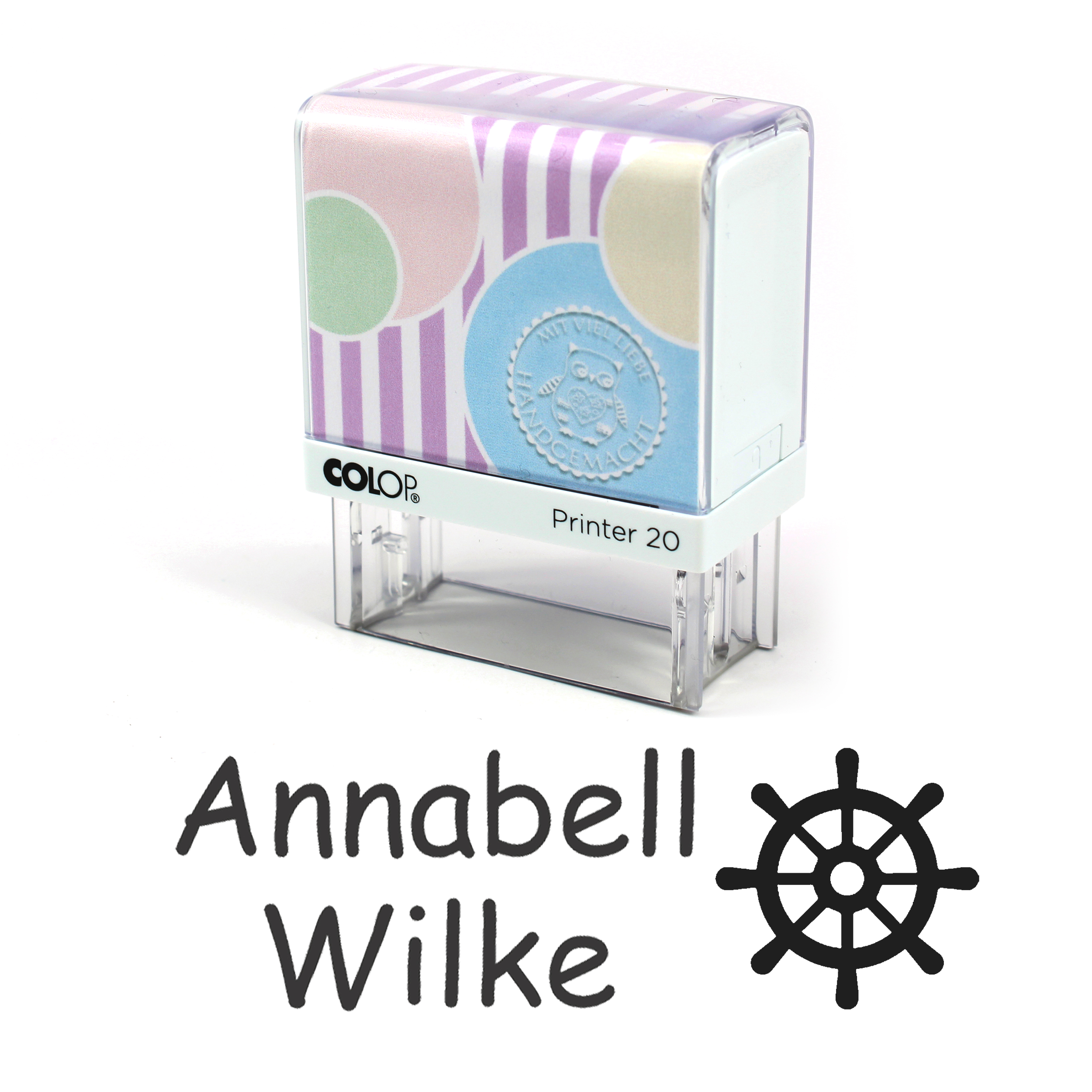 Textilstempel Steuerrad - personalisierter Automatikstempel mit Namen - für Textilien Kleidung