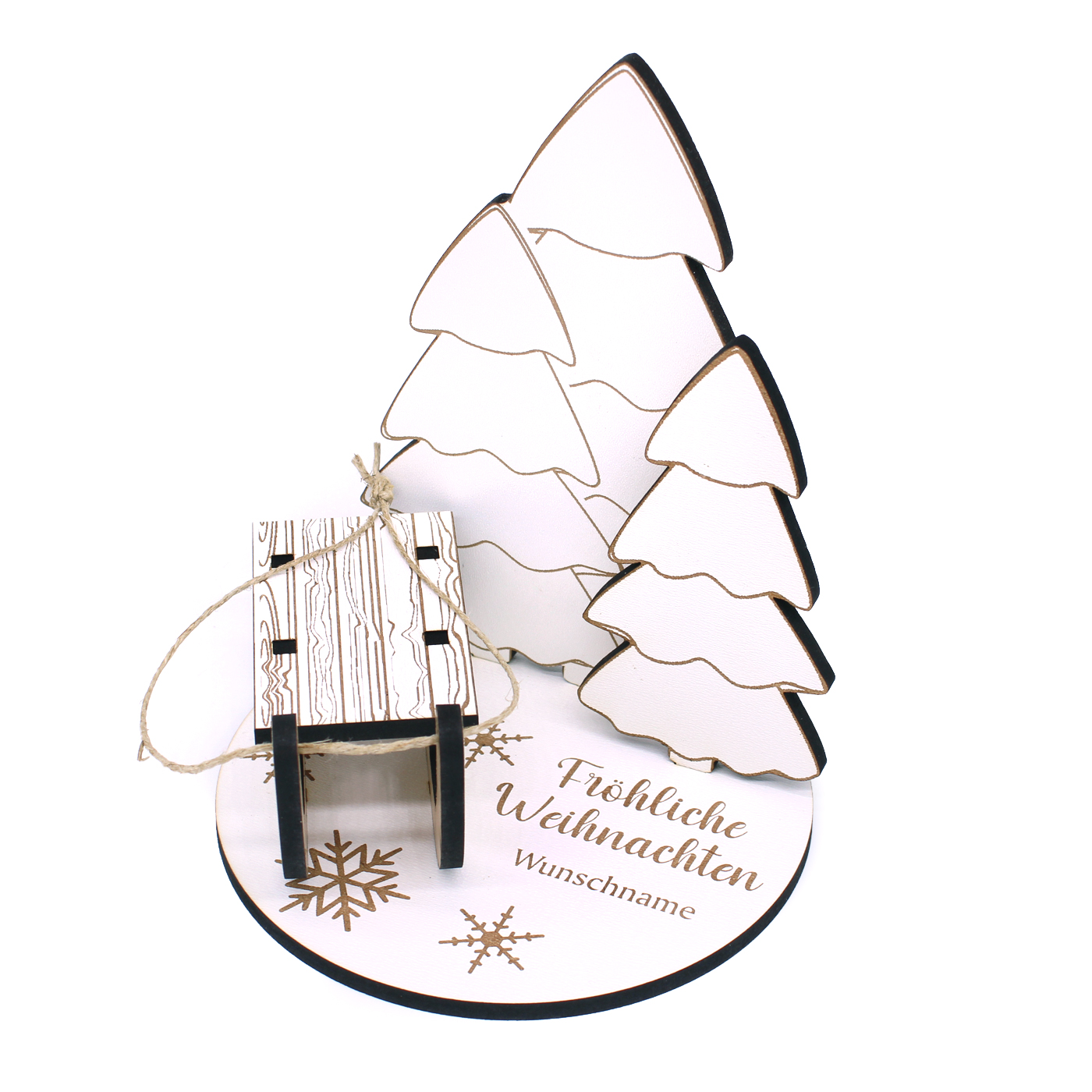 Geldgeschenk Weihnachten Tannenbäume und Schlitten - inkl. Name - Schild für Geld Gutschein Geschenk