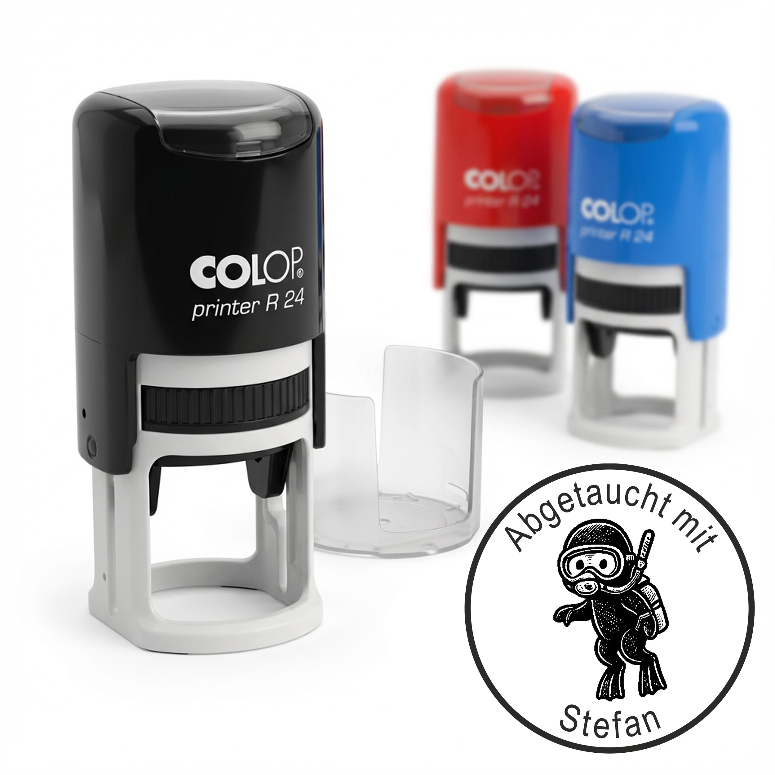 Taucherstempel Niedlicher Taucher 24x24 mm –  runder Stempel personalisiert für Taucherlogbuch, Tauchlogbuch & Tauchbuch