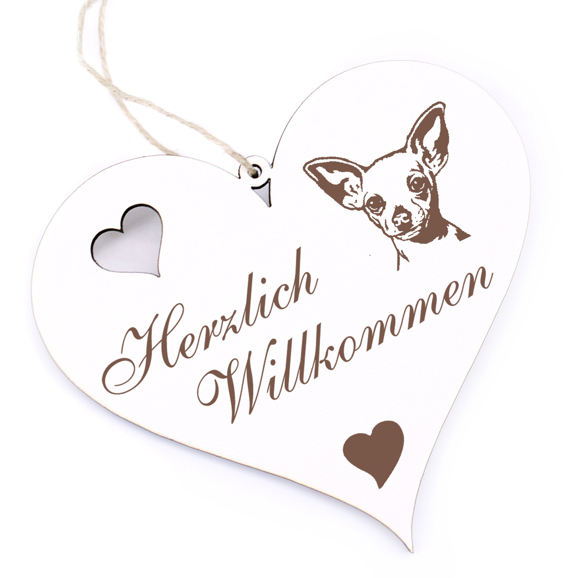 Herzlich Willkommen Schild - Chihuahua Kopf - Deko Herz Holz